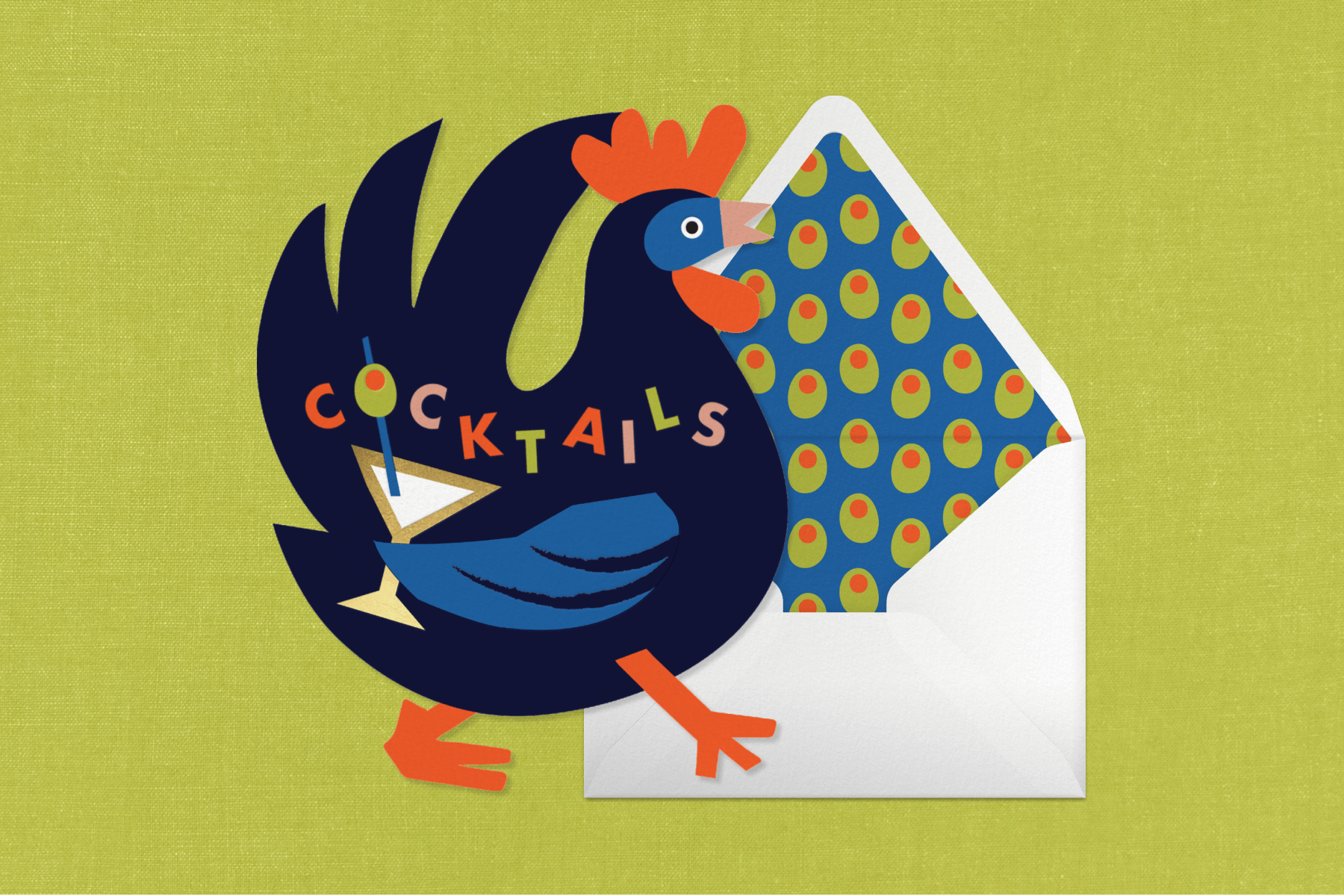 An invitation shaped like a rooster holding a cocktail with an olive and text reading ‘COCKTAILS’ along with a white envelope with a blue liner with green olives, over a green backdrop.