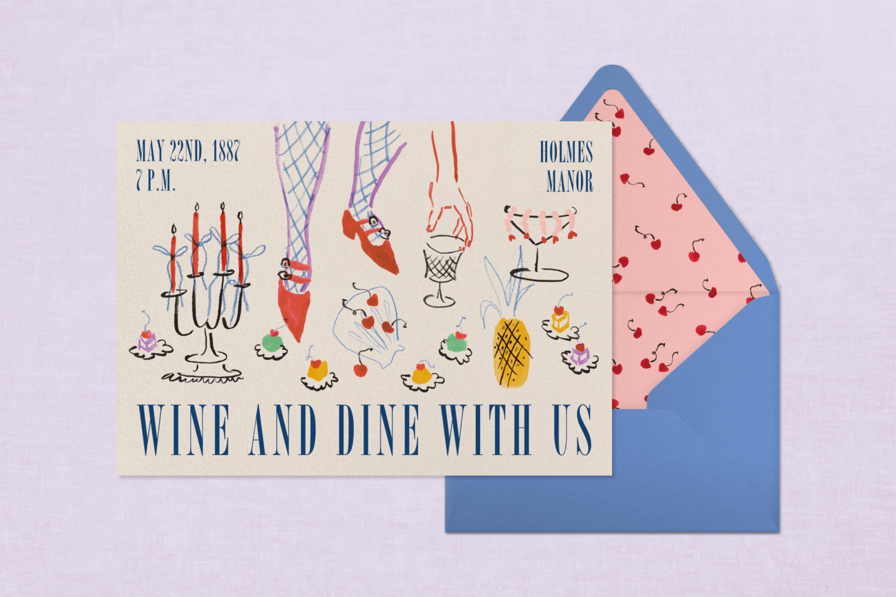 An off-white invitation featuring colorful drawings of legs in blue fishnets and red shoes, a hand reading for a glass, appetizers, and candles, with text reading ‘WINE AND DINE WITH US’ along with a blue envelope with a pink liner with red cherries, over a pale purple backdrop.