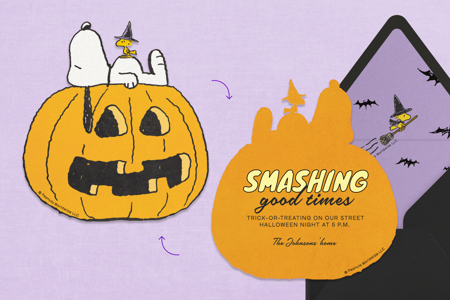 The front and back of a pumpkin-shaped Peanuts Halloween invitation, with Snoopy lying on top of a jack-o'-lantern and Woodstock in a witch hat on the front and text reading 'SMASHING good times' on the back, next to a black envelope with a lavender liner patterned with bats and Woodstock flying on a broom, against a lavender backdrop.