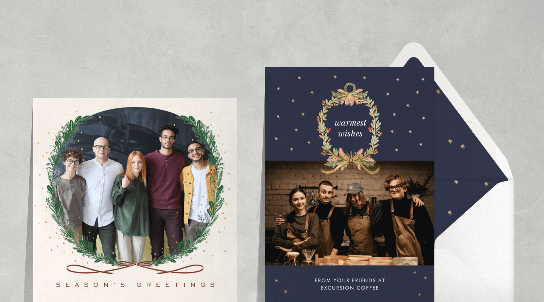 Two holiday photo cards side by side. Left - A square card with a wreath around a circular photo; Right - A navy holiday card with a wreath illustration above a photo.