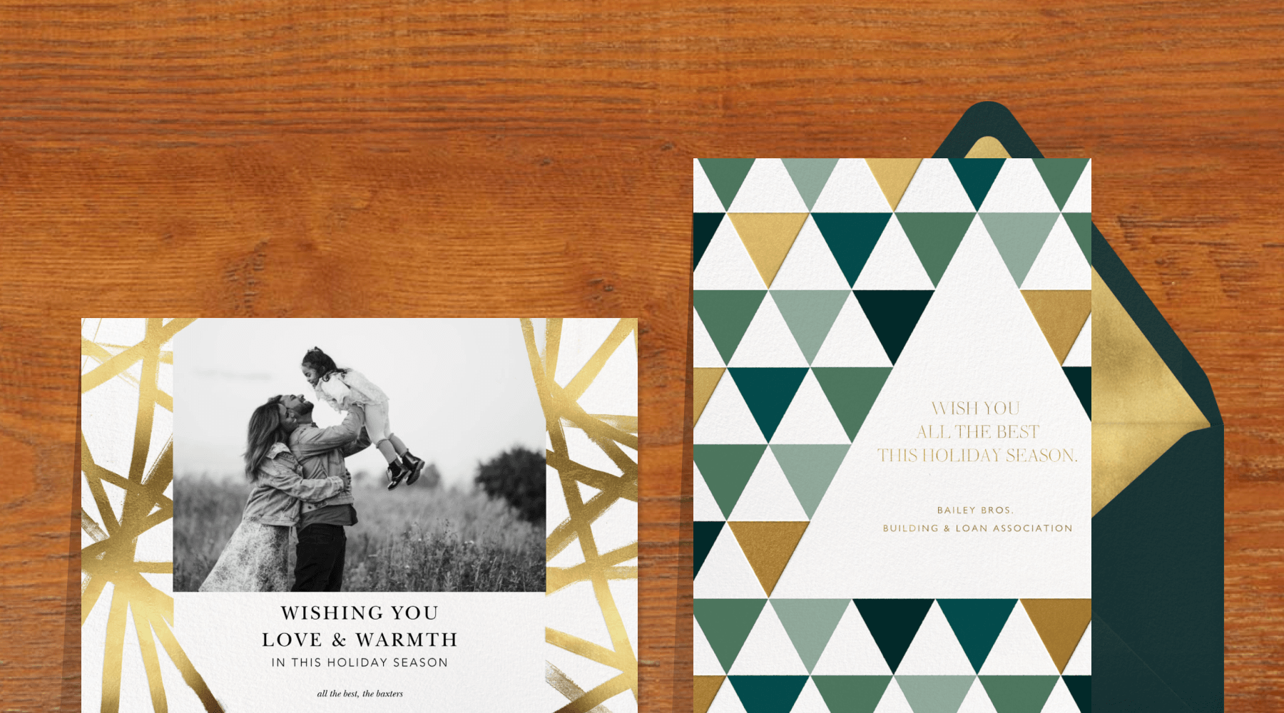 A card with a black and white family photo flanked by abstract gold lines; a card has repeating triangles in shades of green and gold forming a pattern.