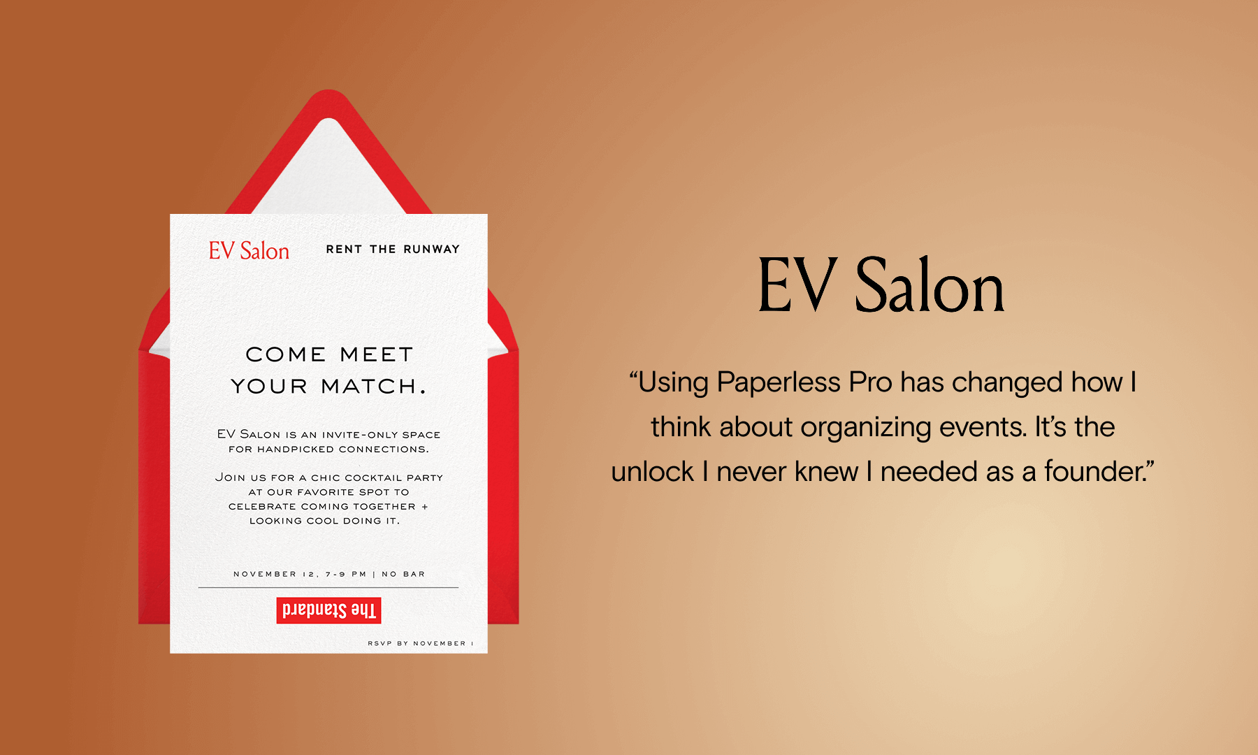 A plain white invitation with red accents and a red envelope, with a quote from EV Salon reading, “Using Paperless Pro has changed how I think about organizing events. It’s the unlock I never knew I needed as a founder.”