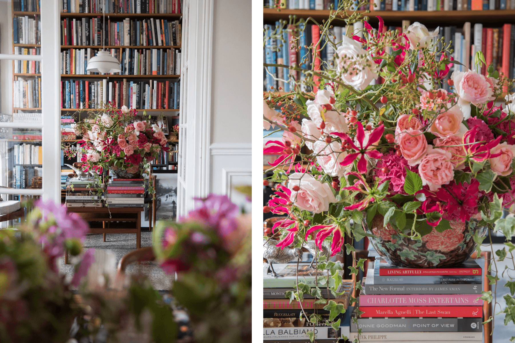 Left: View of a pink floral arrangement in the library of a Parisian apartment. Right: Close-up view of the same pink floral arrangement sitting on top of a stack of books in the library of a Parisian apartment. 