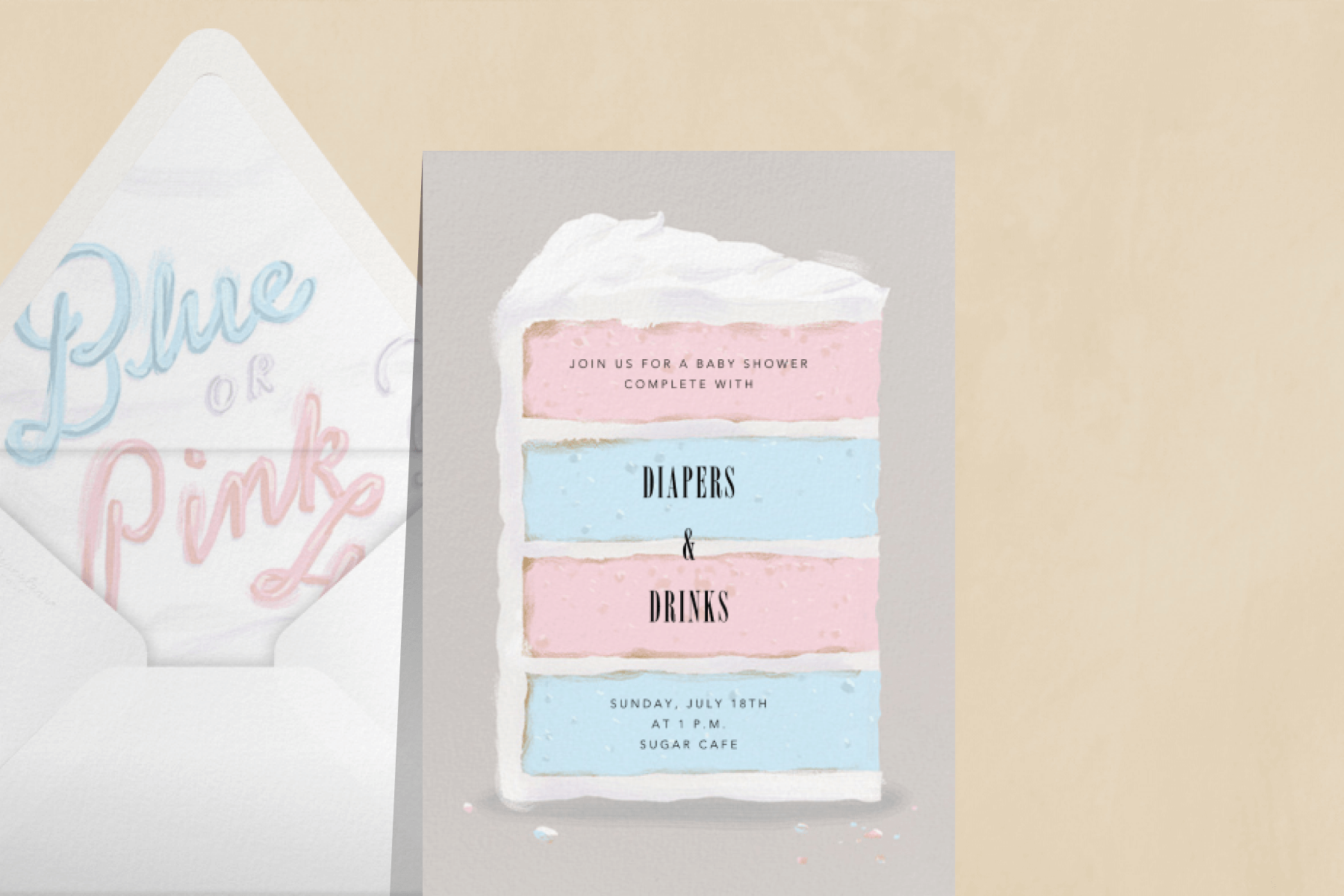 A baby shower invitation featuring a pink and blue layered cake.