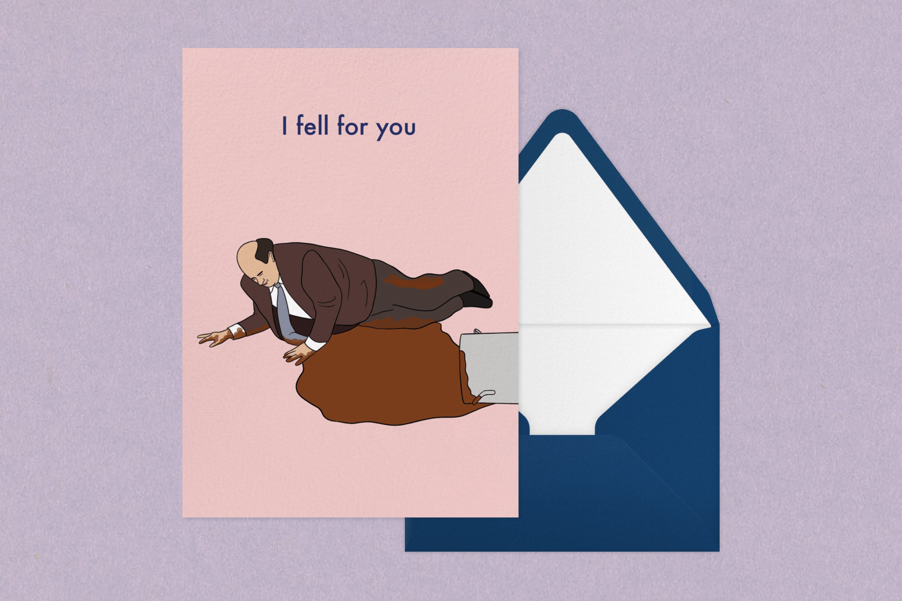 A card shows Kevin from ‘The Office’ slipping on his famous chili and the words ‘I fell for you.’