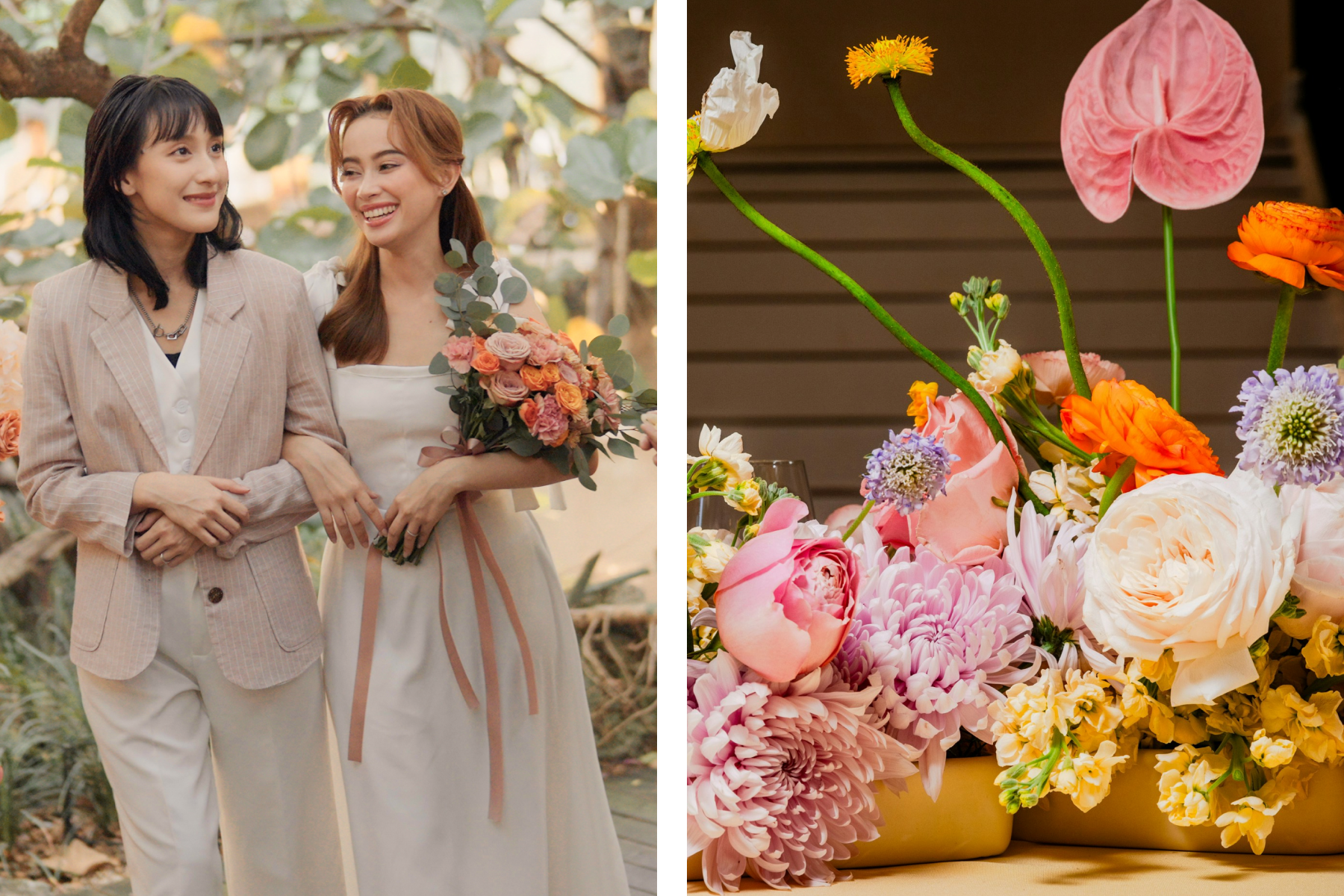 ALT: Left: Two brides link arms while one holds a bouquet of colorful flowers. Right: A close-up photo of various colorful flowers. 