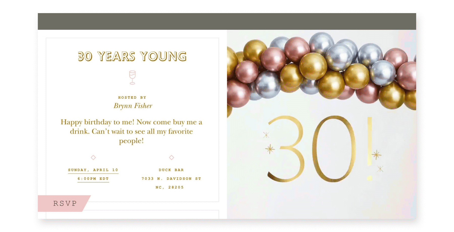 An online invite with the number “30!” in large shimmering gold font and a rotating pink, gold, and silver balloon arch above it.