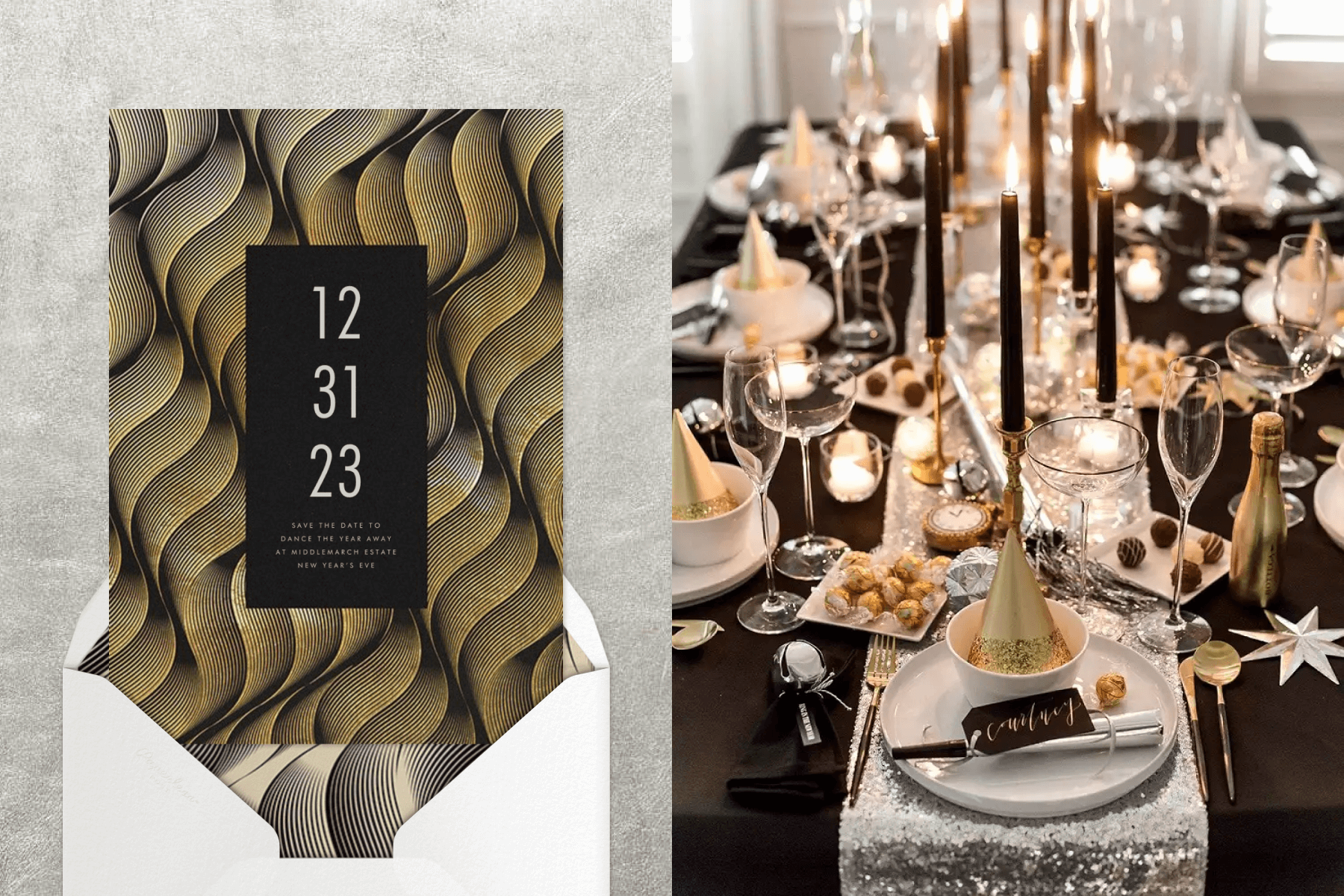 Left: A card with a graphic depiction of gold waves and a black rectangle in the center that reads “12/31/23.” Right: A cluttered table with black candles, empty coupe glasses, party hats, and noise makers.