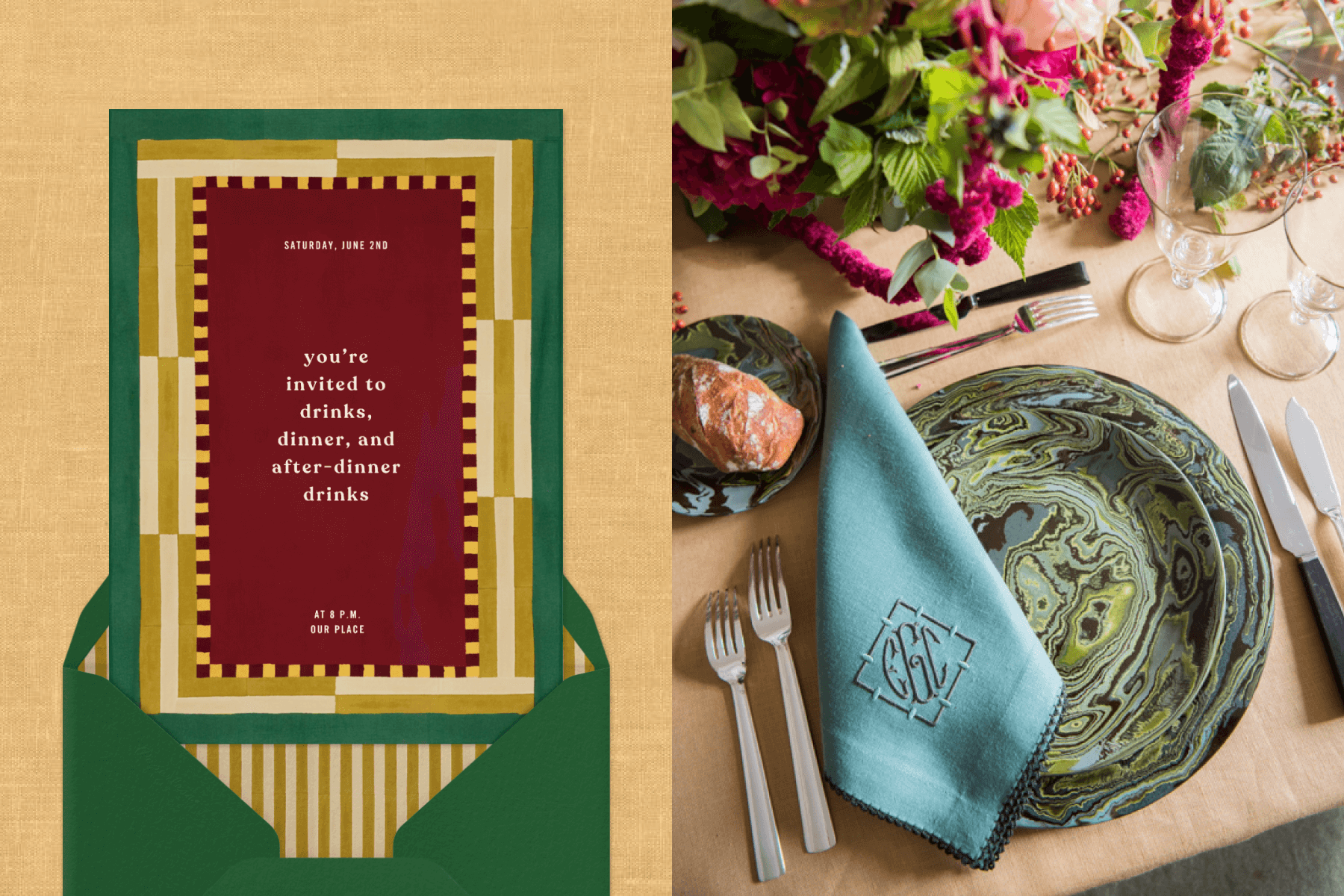 Left: Dinner Party invitation with Maroon background and yellow and green geometric border, coming out of a green envelope. Right: Dinner table set with a green marbled plate, matching green napkin, and a fuchsia flower arrangement. 