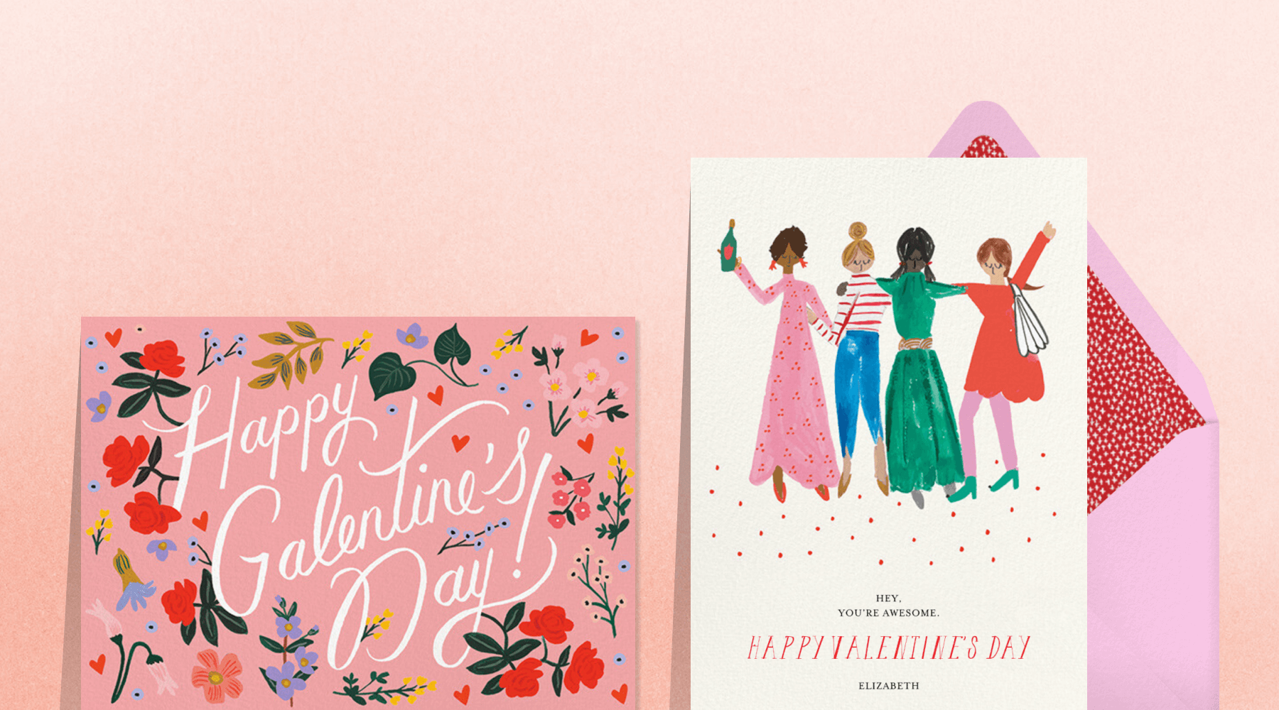 A pink Galentine’s Day card with flowers; a card with four colorfully dressed women and a bottle of wine.