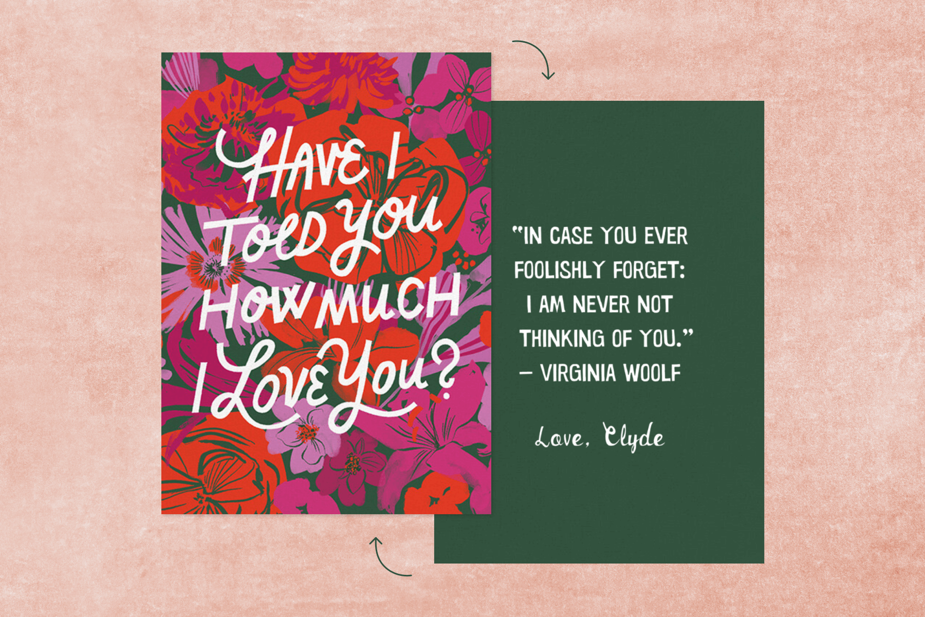 The front and back of a pink and red floral card with the words ‘have I told you how much I love you?’