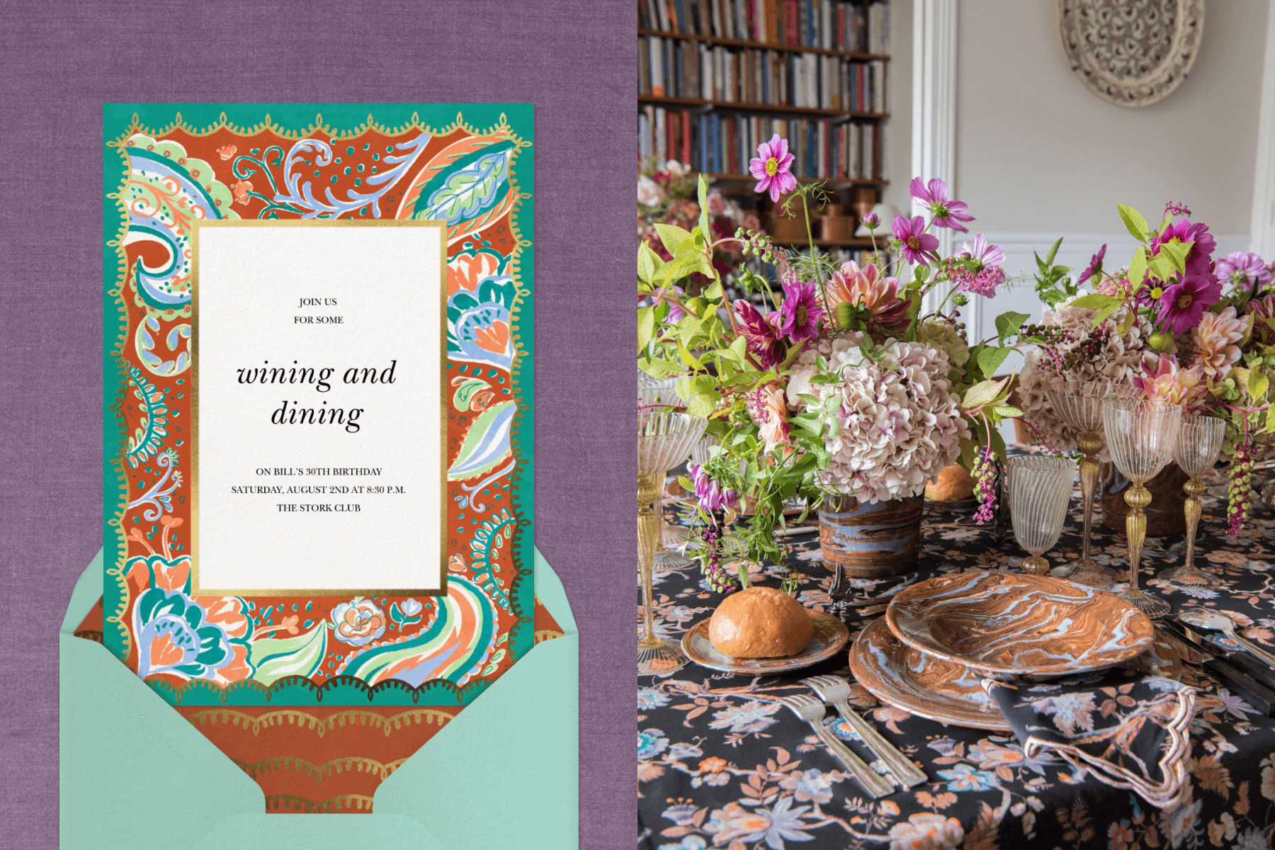 Left: Dinner party invitation featuring a brown and blue paisley border, coming out of a light turquoise envelope. Right: Dinner table set with a black floral tablecloth, marbled plates, and a purple flower arrangement. 