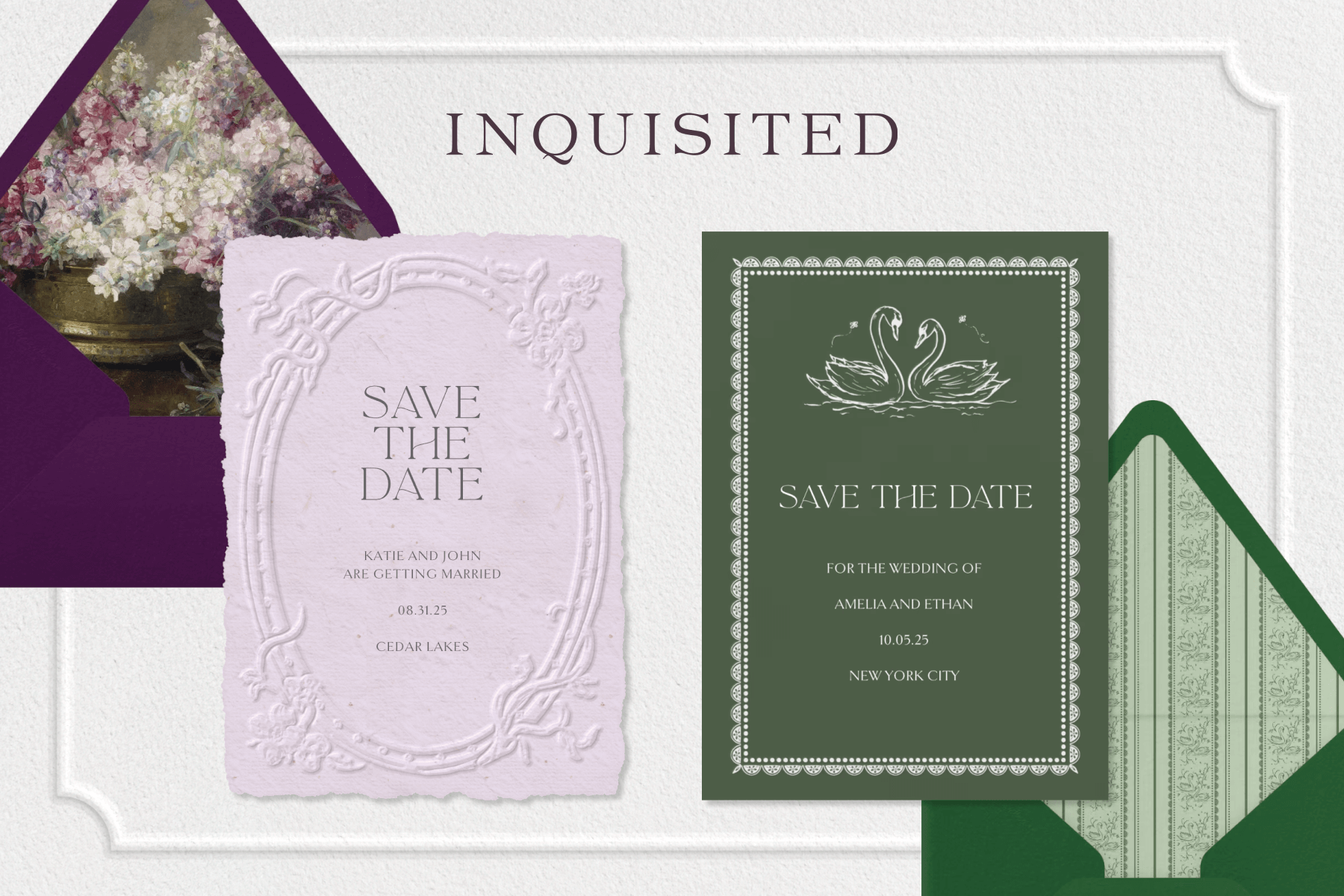 The logo for ‘Inquisited’ above two save the date cards on a white background with an embossed border: Left, a lavender card with an embossed oval design on a purple envelope with a floral liner; Right, a green card with a decorative border and two swans on a green envelope with striped liner.