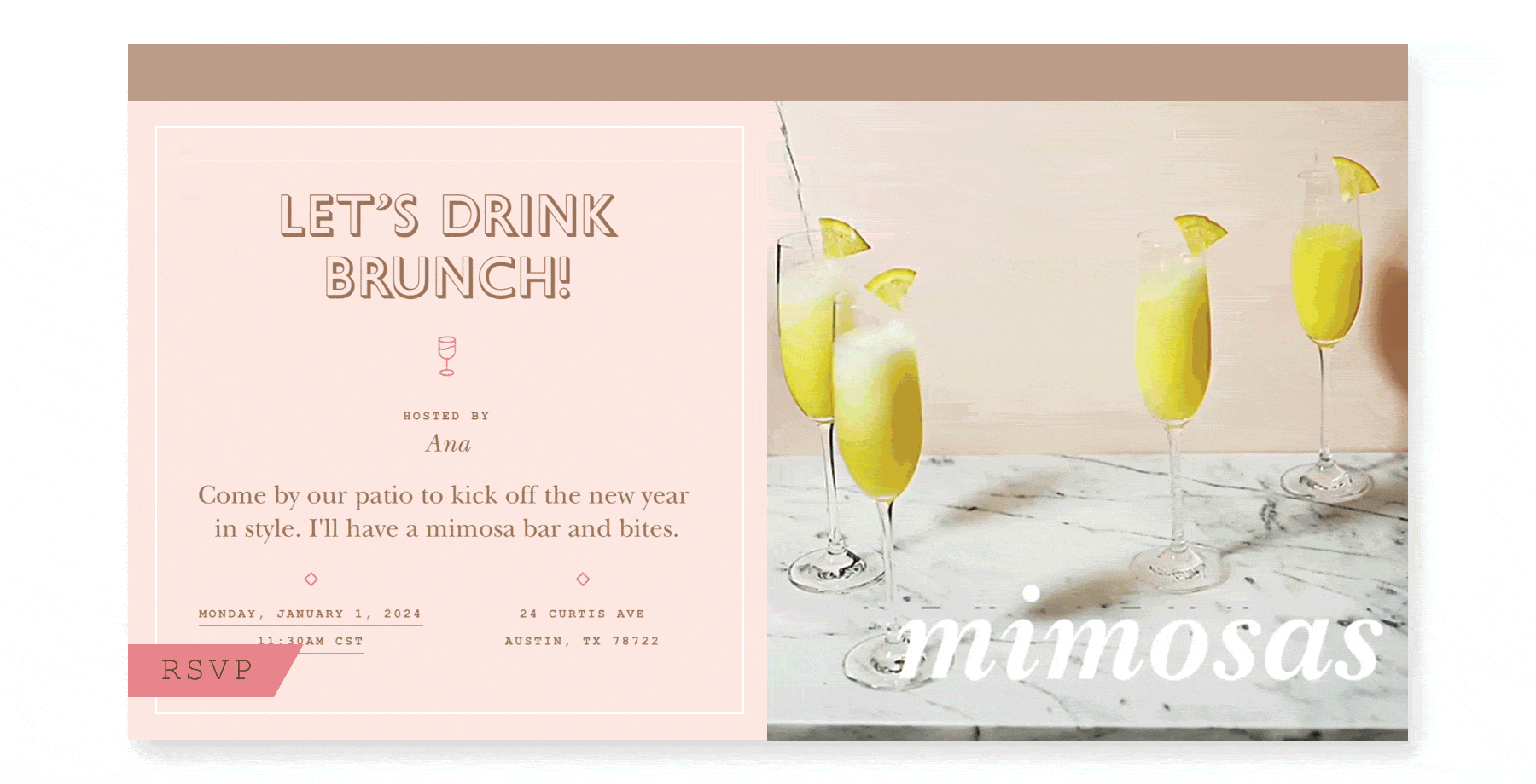 A light pink online invite says “Let’s drink brunch” and on the right are four mimosa drinks with the words “New Year Mimosas.”