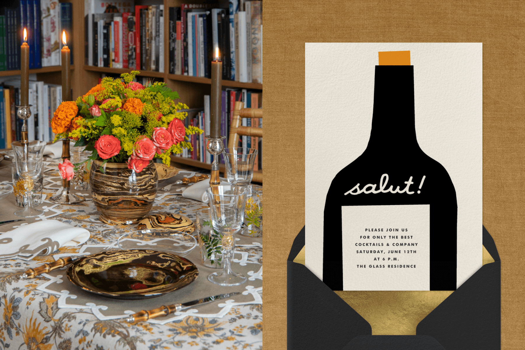 Left: Dinner table set with a yellow and white floral tablecloth, ceramic plates, and a pink and yellow flower arrangement. Right: Dinner invitation featuring a black wine bottle with text, coming out of. a black and gold envelope. 