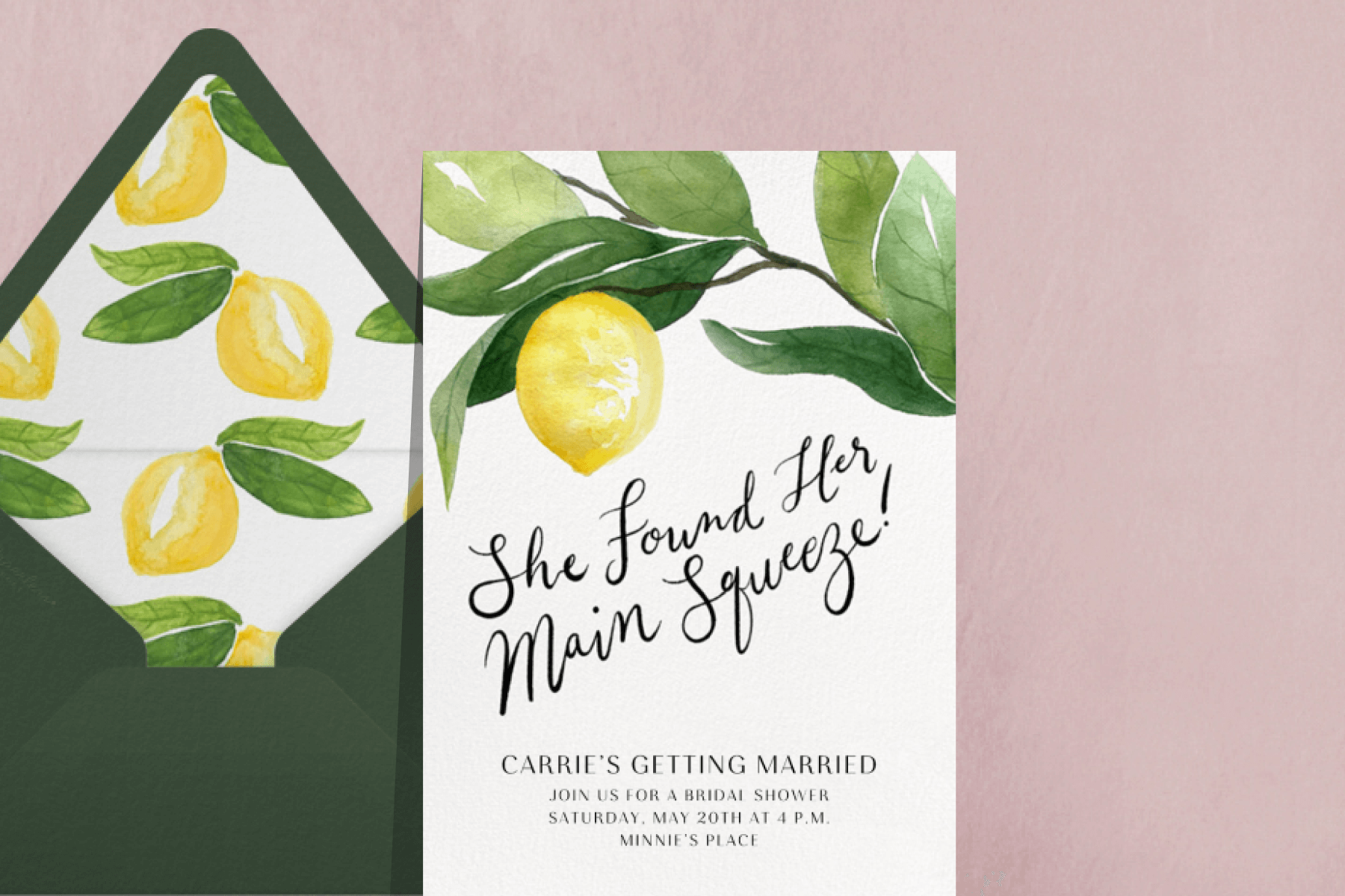A bridal shower invitation featuring an illustration of a lemon on a branch.