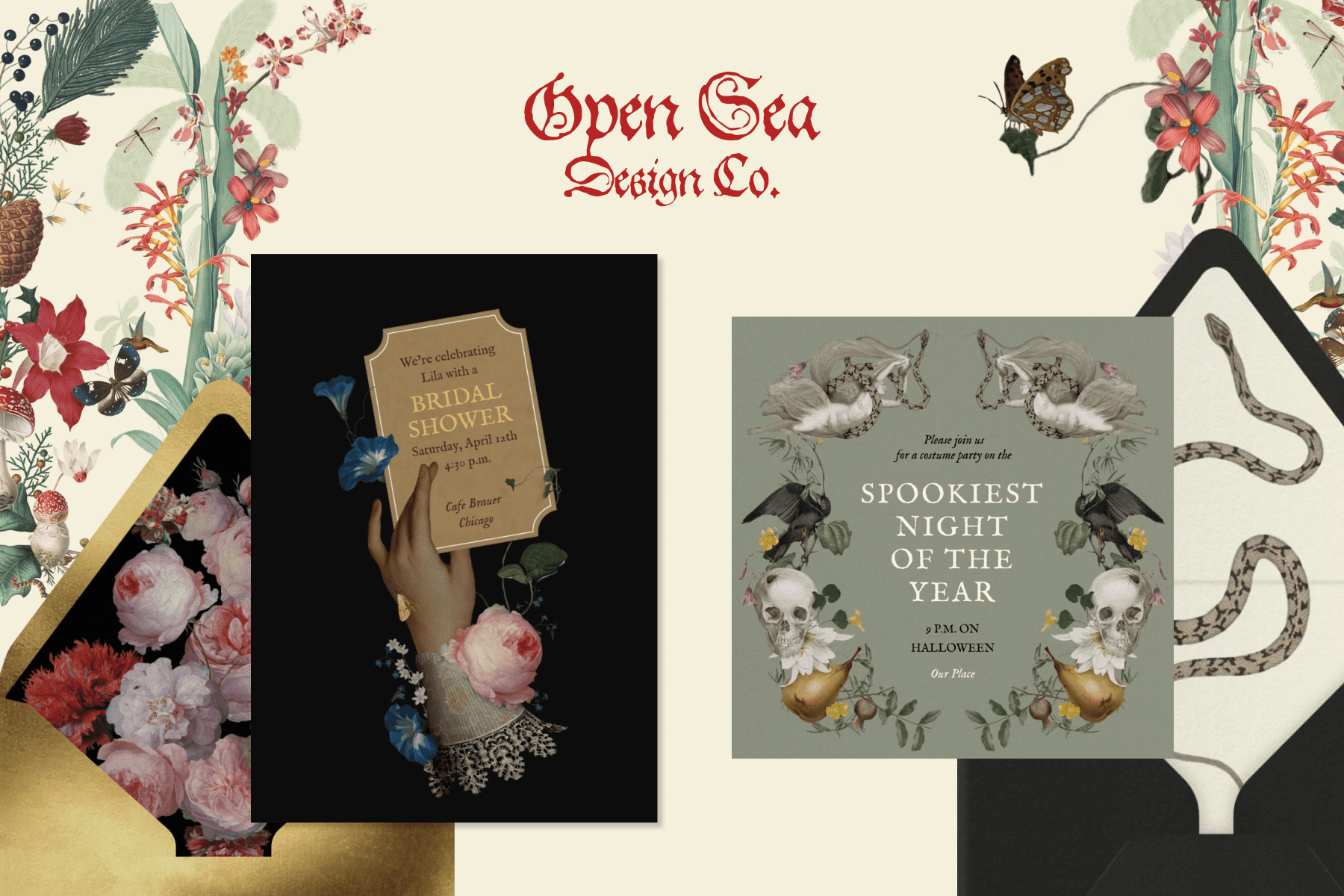 The logo for ‘Open Sea’ above two invitations on a cream background with floral and natural motifs: Left, a black invitation illustrated with a hand holding a card to a bridal shower surrounded by flowers and a lace sleeve, on a gold envelope with a floral liner; Right, an invitation to a Halloween party decorated with skulls, ravens, and other spooky motifs on a black envelope with a liner decorated with a snake. 