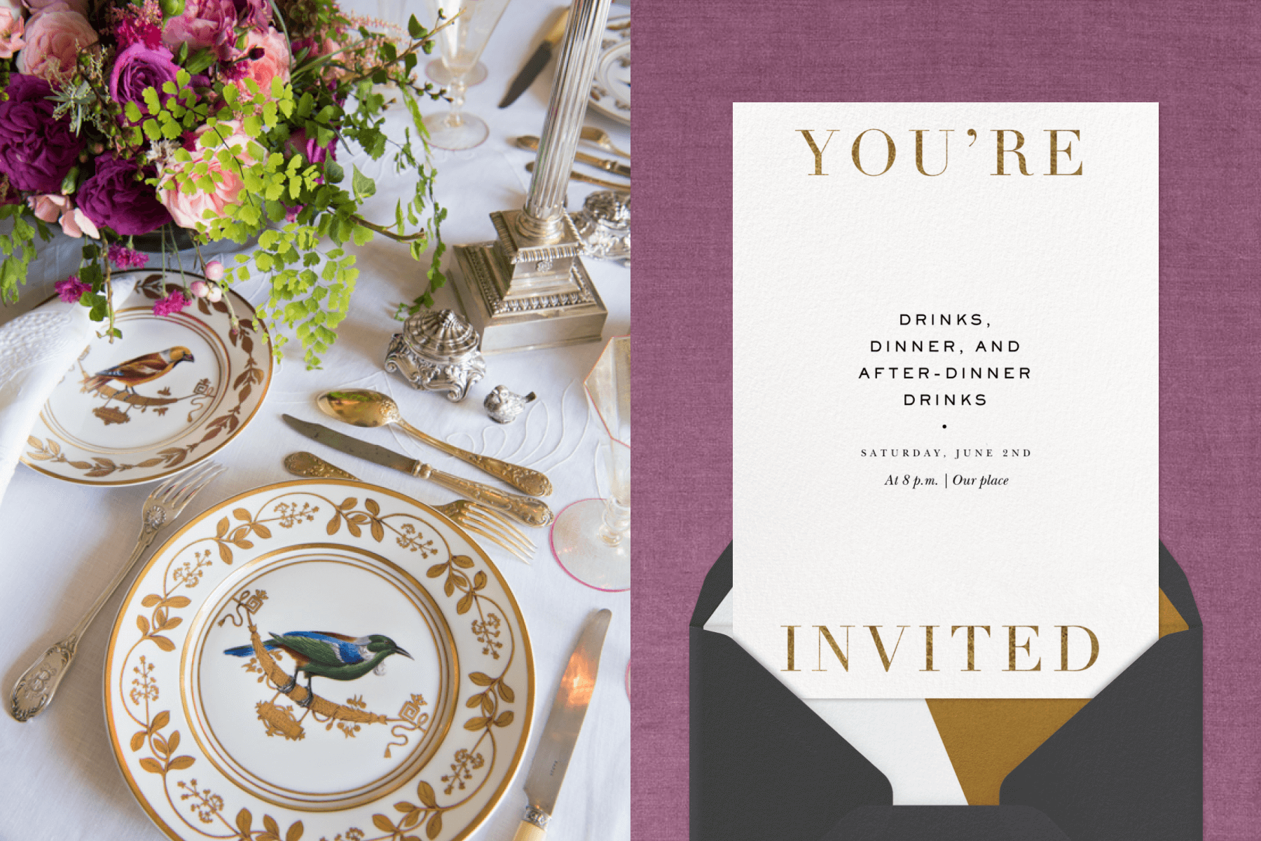 Left: Dinner table set with white linens, gold flatware, and matching gold and white plates. Right: Minimal dinner invitation with white background and gold writing, coming out of a grey envelope. 