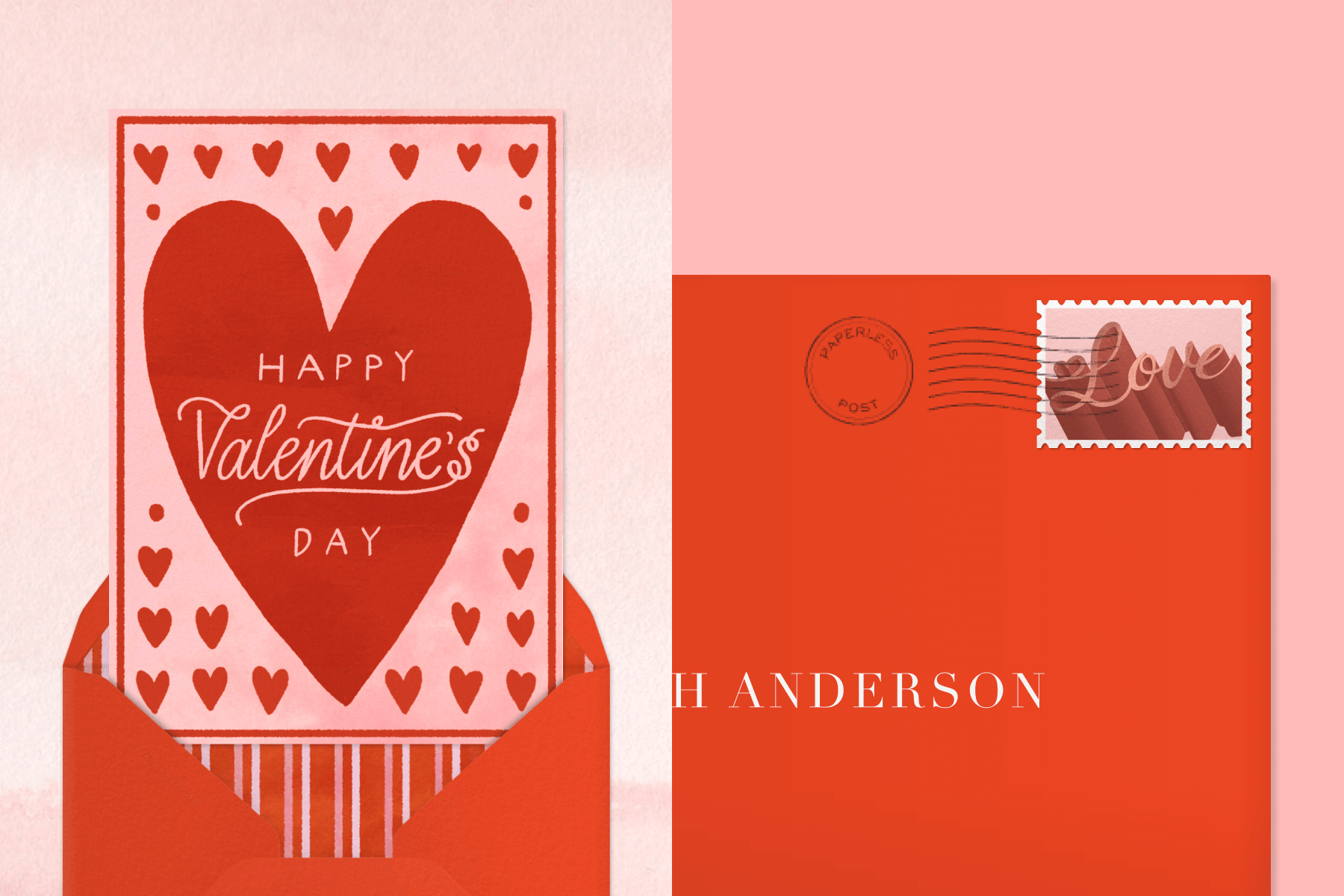 A pink Valentine’s Day card with a large heart surrounded by smaller hearts; a red envelope with a stamp that reads ‘love’ in 3-d script.