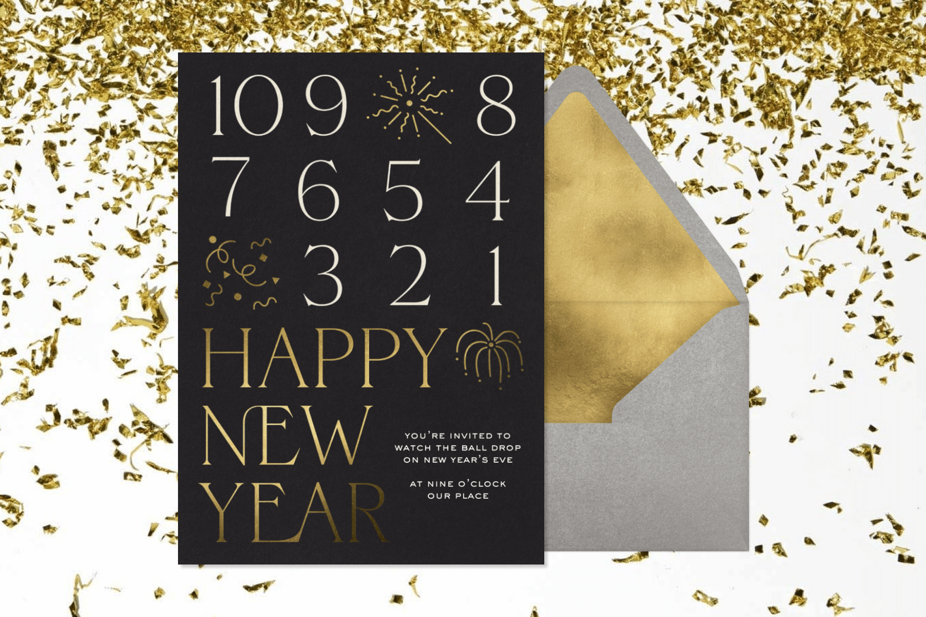 A black card with numbers from 10 to one and in gold, the words “HAPPY NEW YEAR” with small fireworks between.