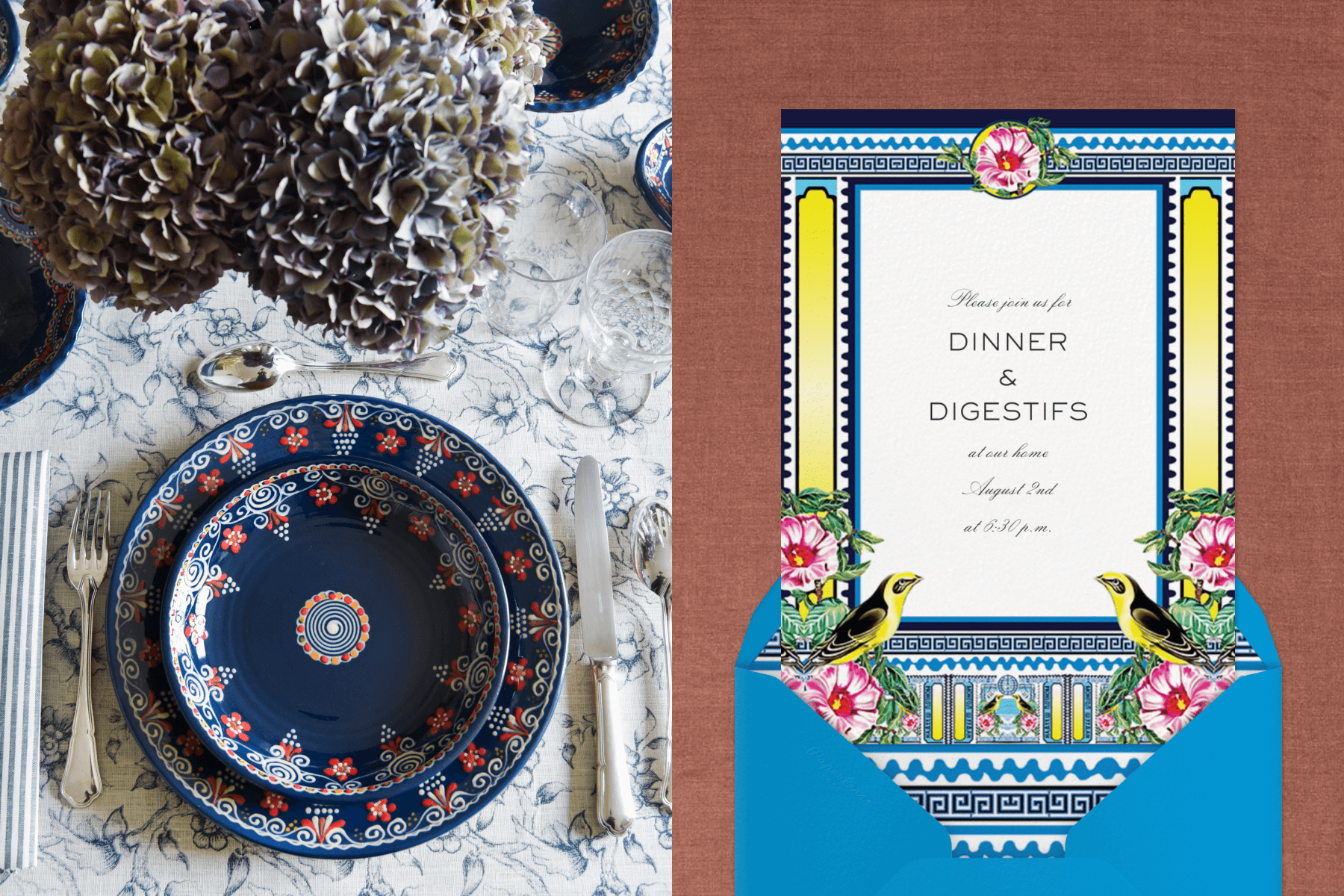 Left: Dinner table set with a white and blue floral tablecloth, navy ceramic plates, and a blue flower arrangement. Right: Dinner party invitation featuring a blue and yellow border with pink flowers, coming out of a blue envelope. 