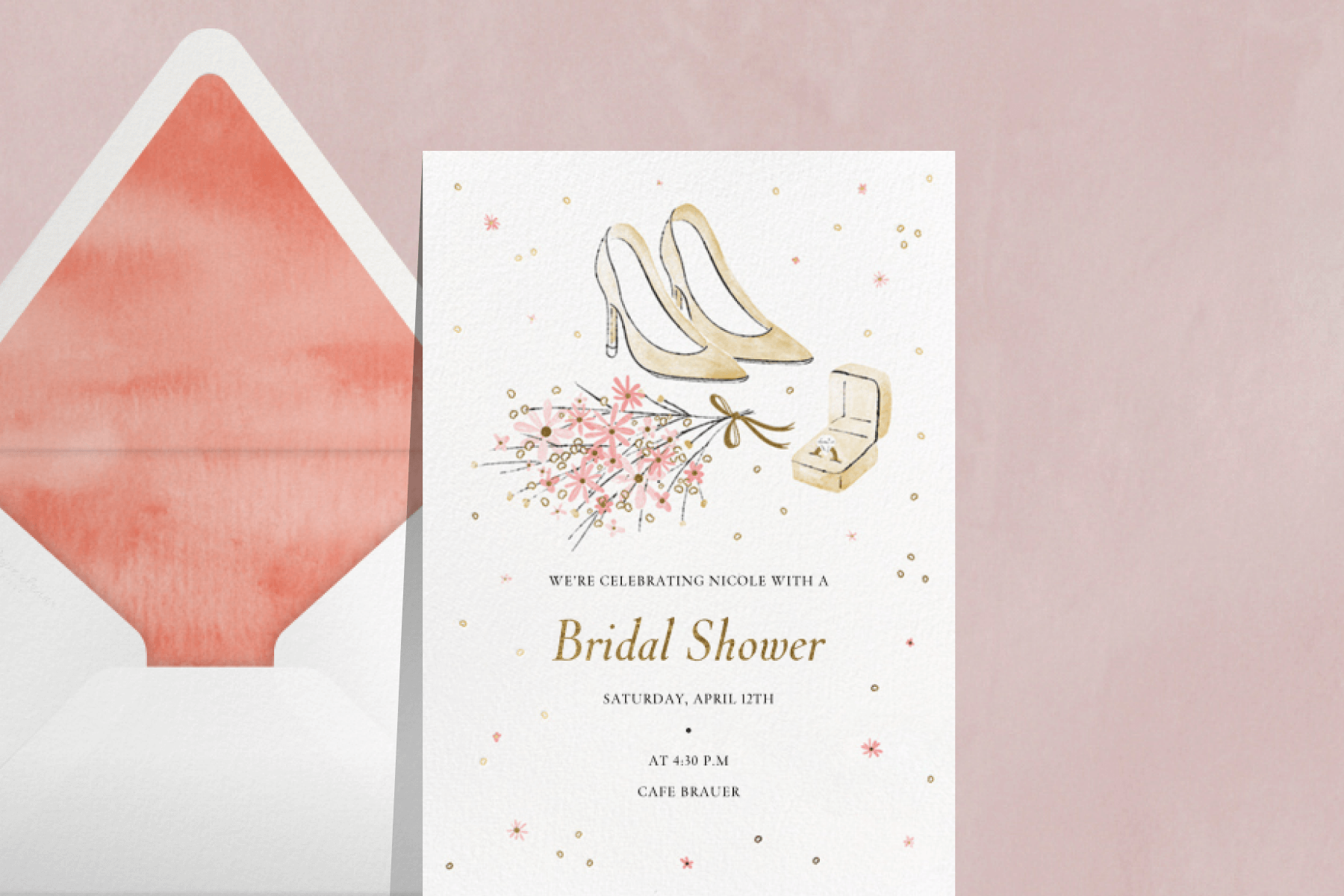 A bridal shower invitation featuring high heels, a ring in a box, and a bouquet.