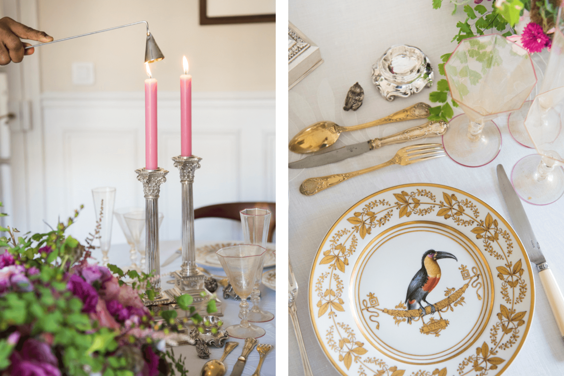 Left: Tall pink candles in silver candleholders on a table with a purple flower arrangement. Right: Table set with gold flatware and white and gold-designed plates. 