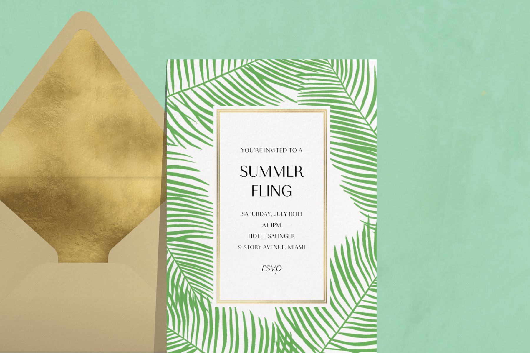 An outdoor invitation featuring a border of palm fronds.