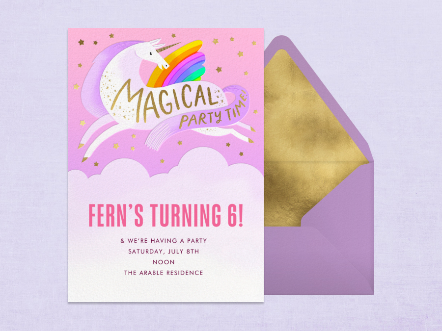 A birthday invitation featuring an illustration of a unicorn leaping over a cloud with the words “magical party time” written on its torso in gold.