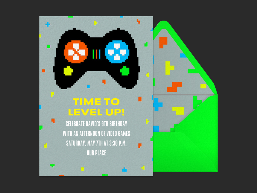 A video-game-themed birthday invitation featuring a pixelated illustration of a controller.