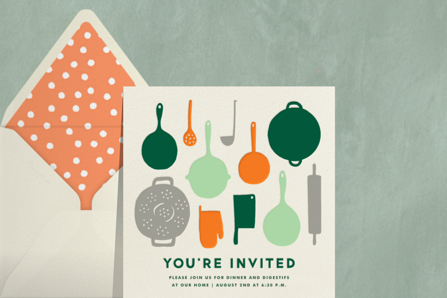 A dinner party invitation featuring colorful pots and pans.