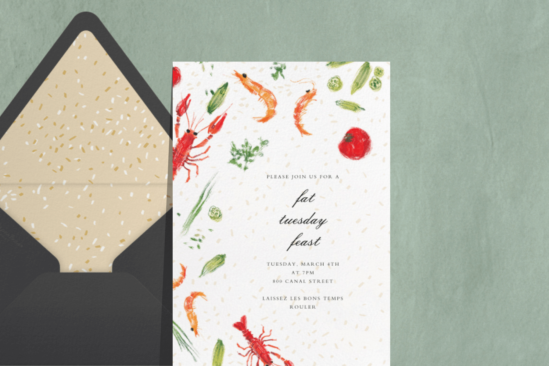 A dinner party invitation featuring illustrated gumbo ingredients.