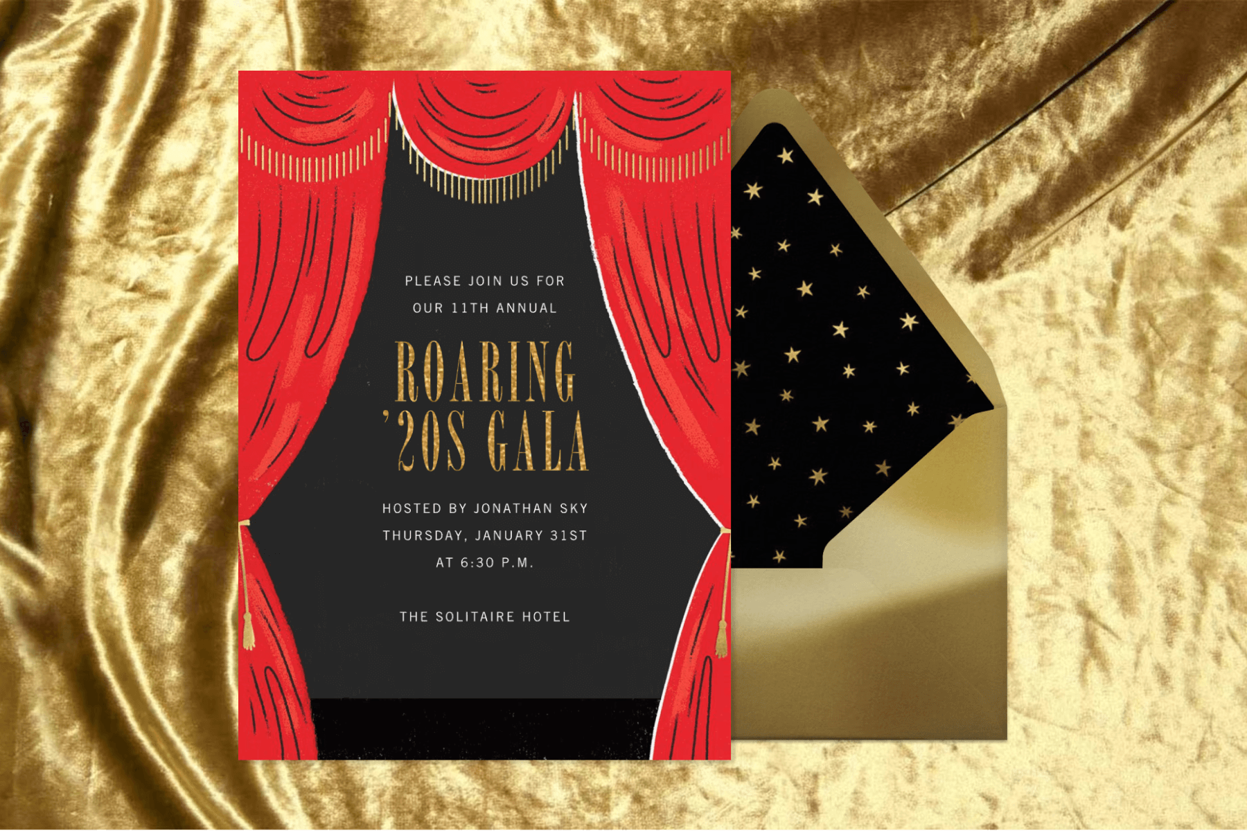 A roaring ‘20s gala fundraiser invitation with gold details and a red curtain design.