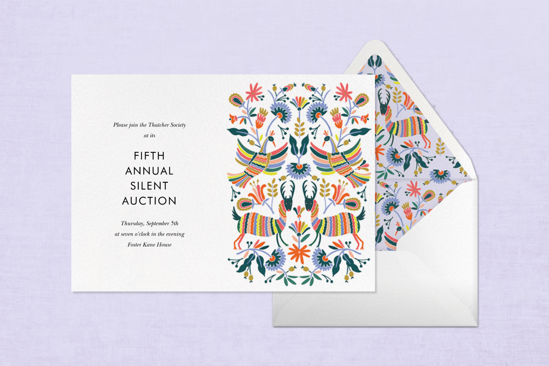 A silent auction invitation with colorful Otomi wildlife illustrations.