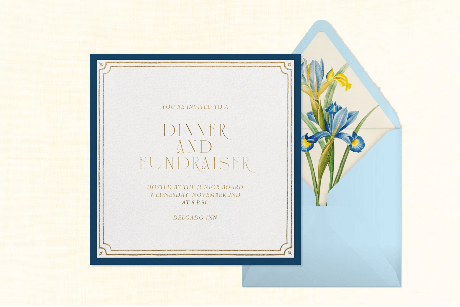 A dinner fundraiser invitation featuring a light blue envelope with a floral envelope liner.
