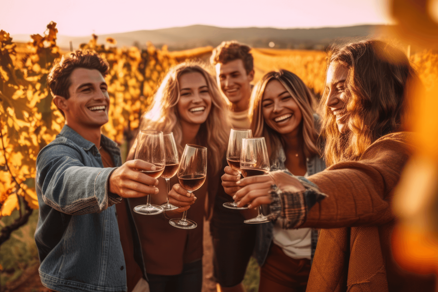 Five friends clicking glasses of wine in a beautiful fall vineyard setting.