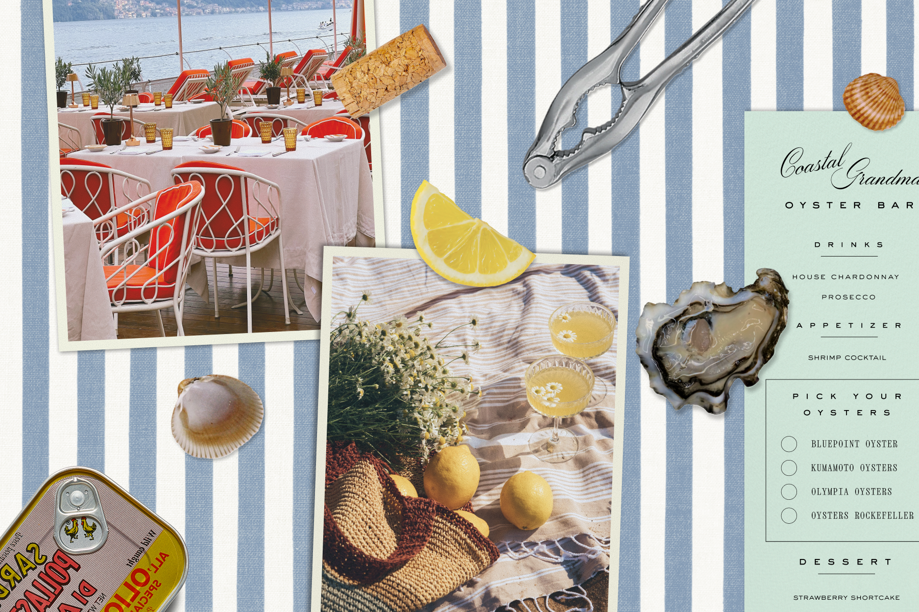 A collage of images sits over a blue and white striped backdrop: A photo of outdoor dining tables by a body of water set with white tablecloths, a photo of a picnic blanket topped with lemons, flowers, and yellow cocktails, and a green example menu for a Coastal Grandma oyster bar, along with images of oysters, seashells, and lemon wedges. 