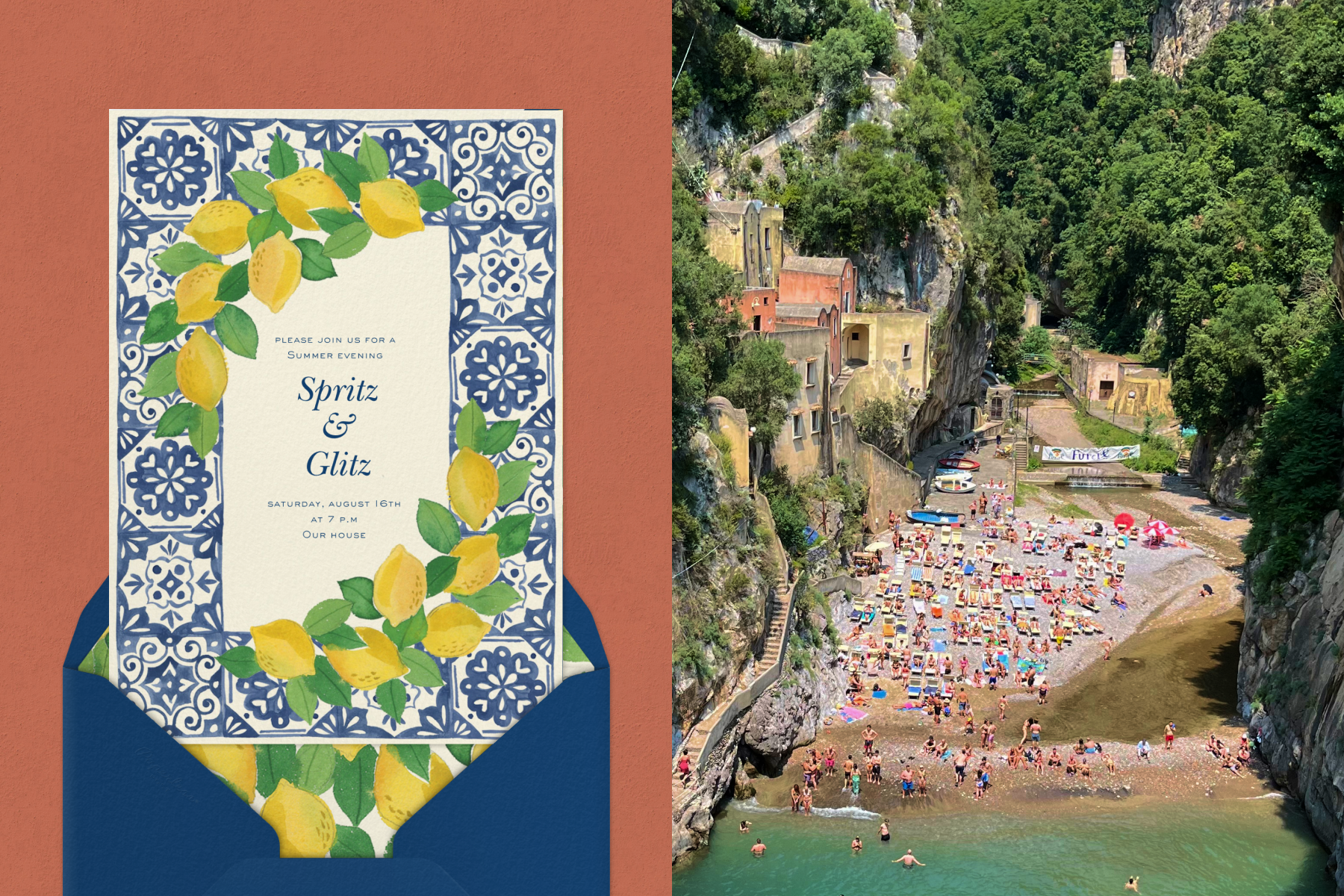 Left: An invitation for a summer dinner party reading ‘Spritz & Glitz’ with illustrations of lemons and a blue and white tiled border. Right: A photo of a crowded beach surrounded by trees and houses on a coastal hillside.