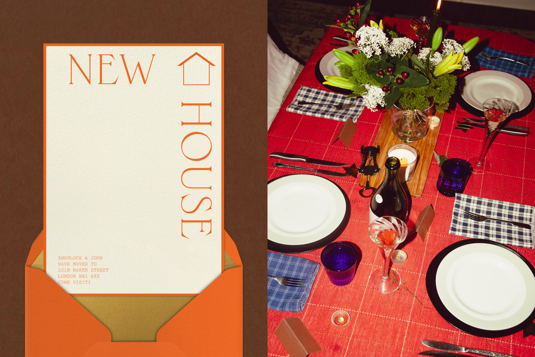 LEFT: On a brown background, a white housewarming party invitation with orange lettering emerges from an orange envelope with tan lining. The invitation reads, ‘New House’ with an illustration of a house. RIGHT: A table with a red patterned tablecloth and four plates, cutlery, checkered napkins, glasses, and a bouquet sitting on a wooden board. 
