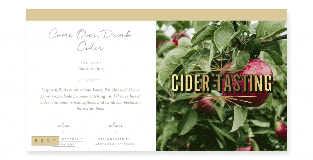 An animated cider tasting invite with shimmering gold text and an apple tree background.