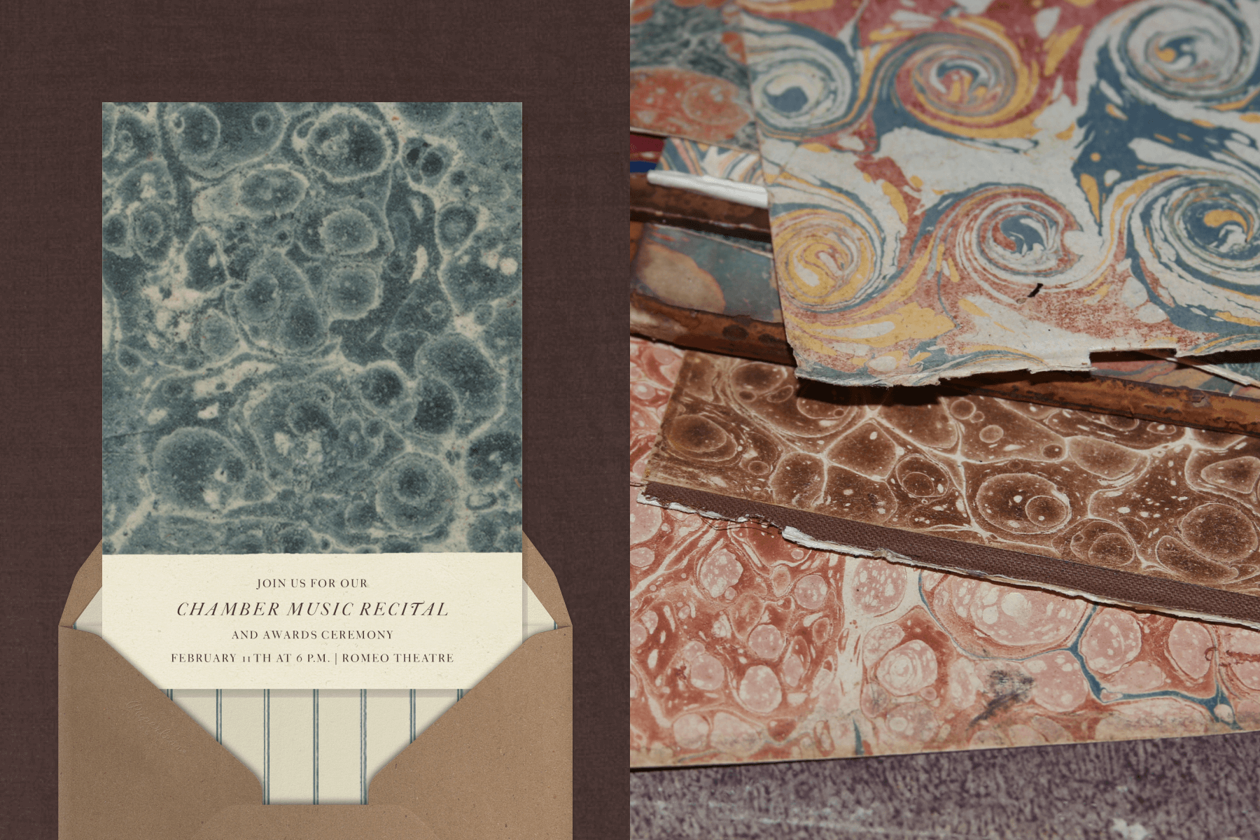 Left: A blue and white marbled music recital invitation paired with a brown paper envelope with white and blue striped lining. Right: A stack of marbled papers pulled from bookends inside John Derian's studio. 