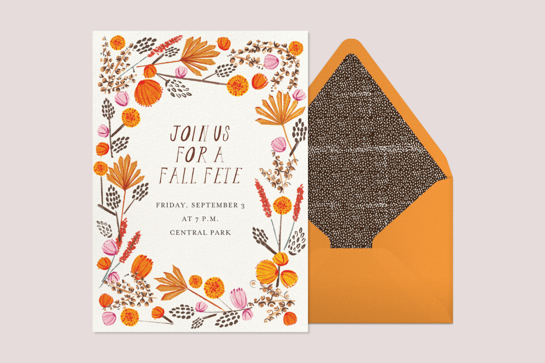 A fall party invitation with orange, brown, and pink floral accents, paired with an orange envelope.