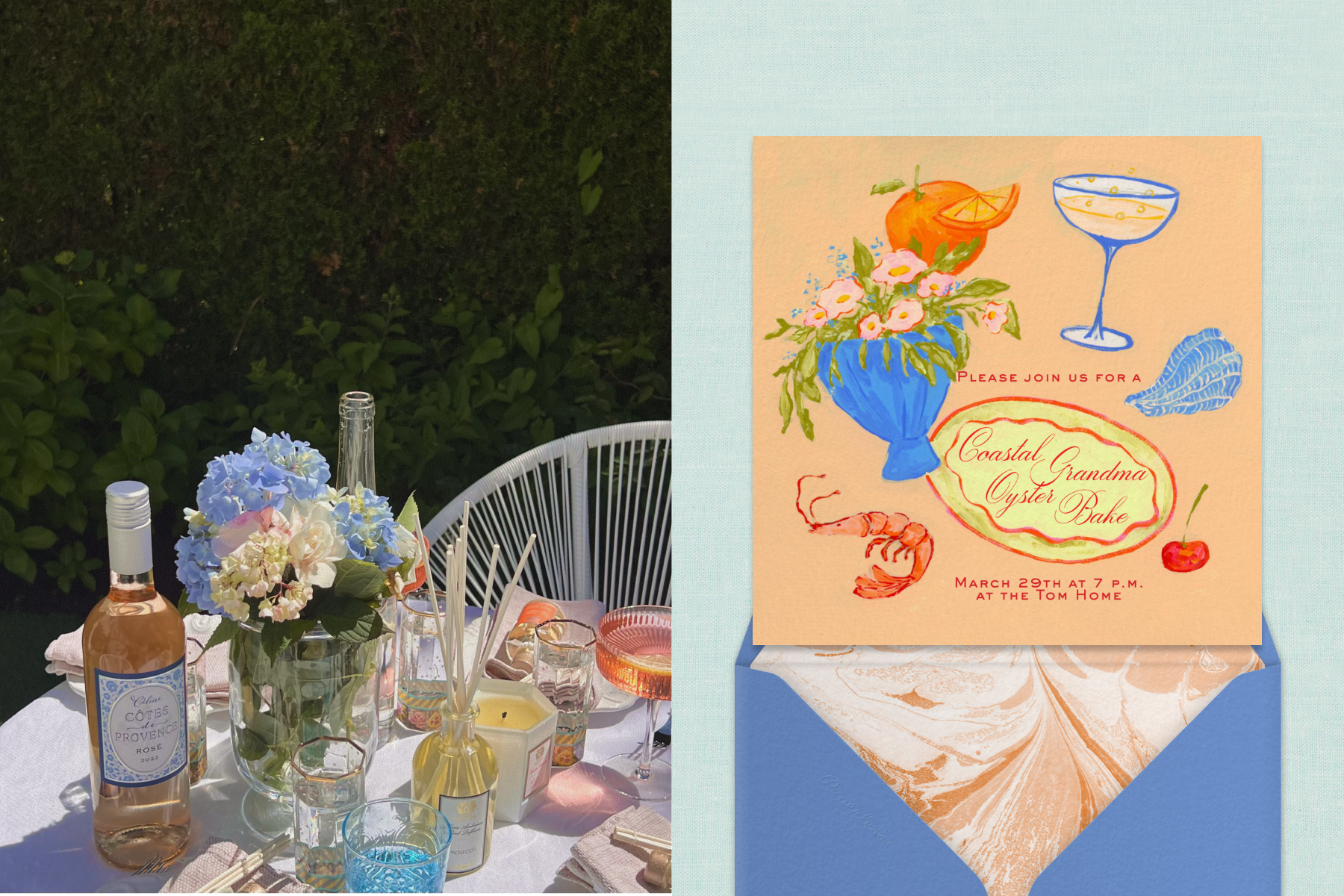 Left: An outdoor table topped with wine, flowers, and various glassware. Right: An orange invitation reading ‘Coastal Grandma Oyster Bake’ and illustrations of seafood, drinks, flowers, and an orange.