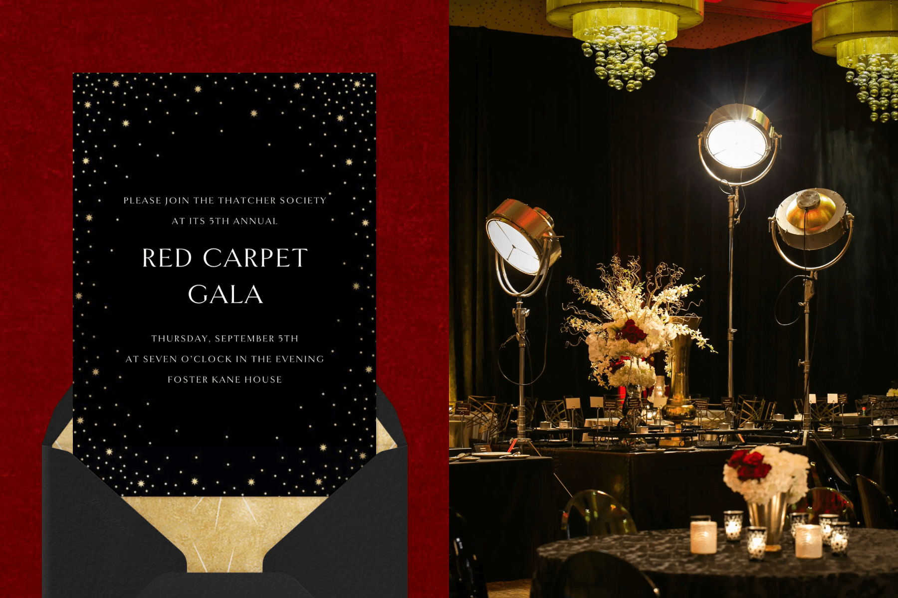 Left: A black red carpet gala invitation with clusters of small gold stars forming a border. Right: A darkened room with black walls and modern chandeliers and three gold spotlights, black round tables, candles and white and red flower arrangements.