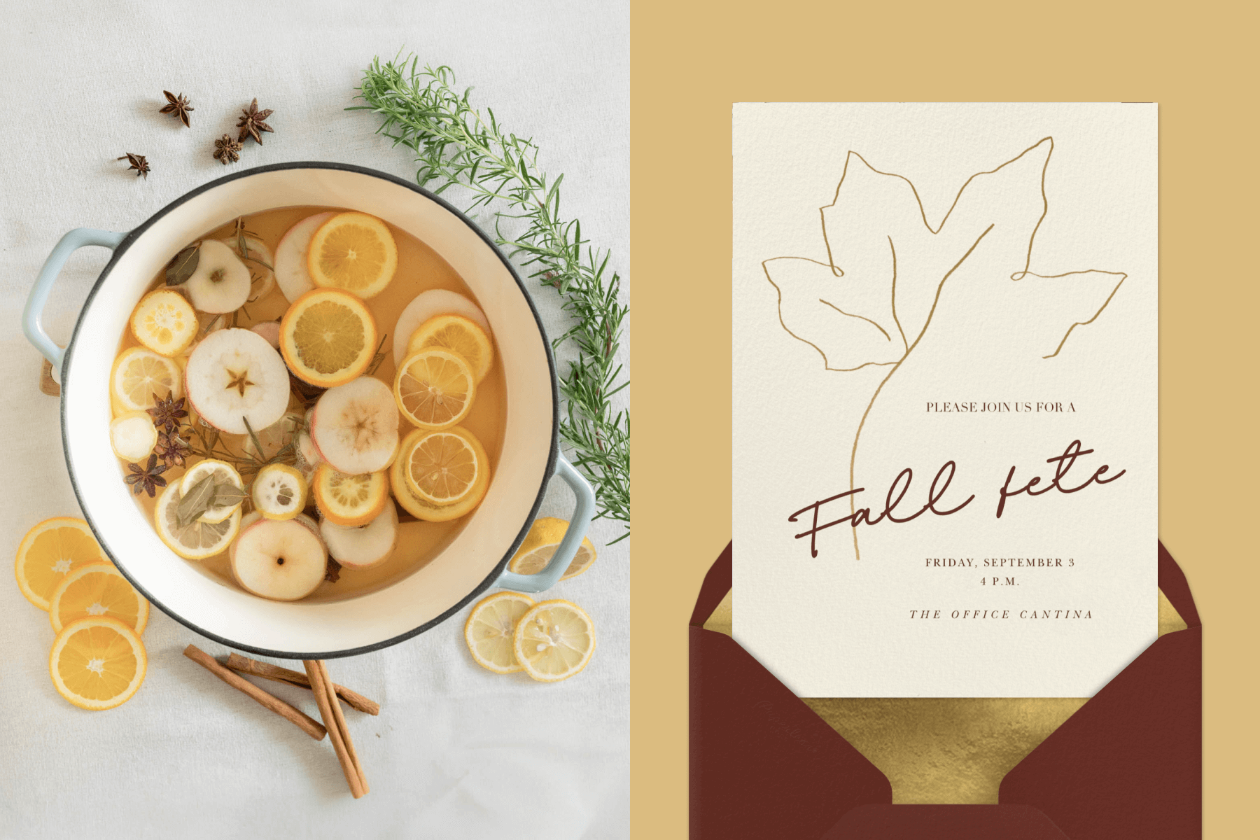 Left: An overhead photograph of a fall simmer pot infused with citrus, apples, cinnamon, and rosemary; Right: A fall party invitation featuring an illustration of a gold leaf, paired with a brown envelope.