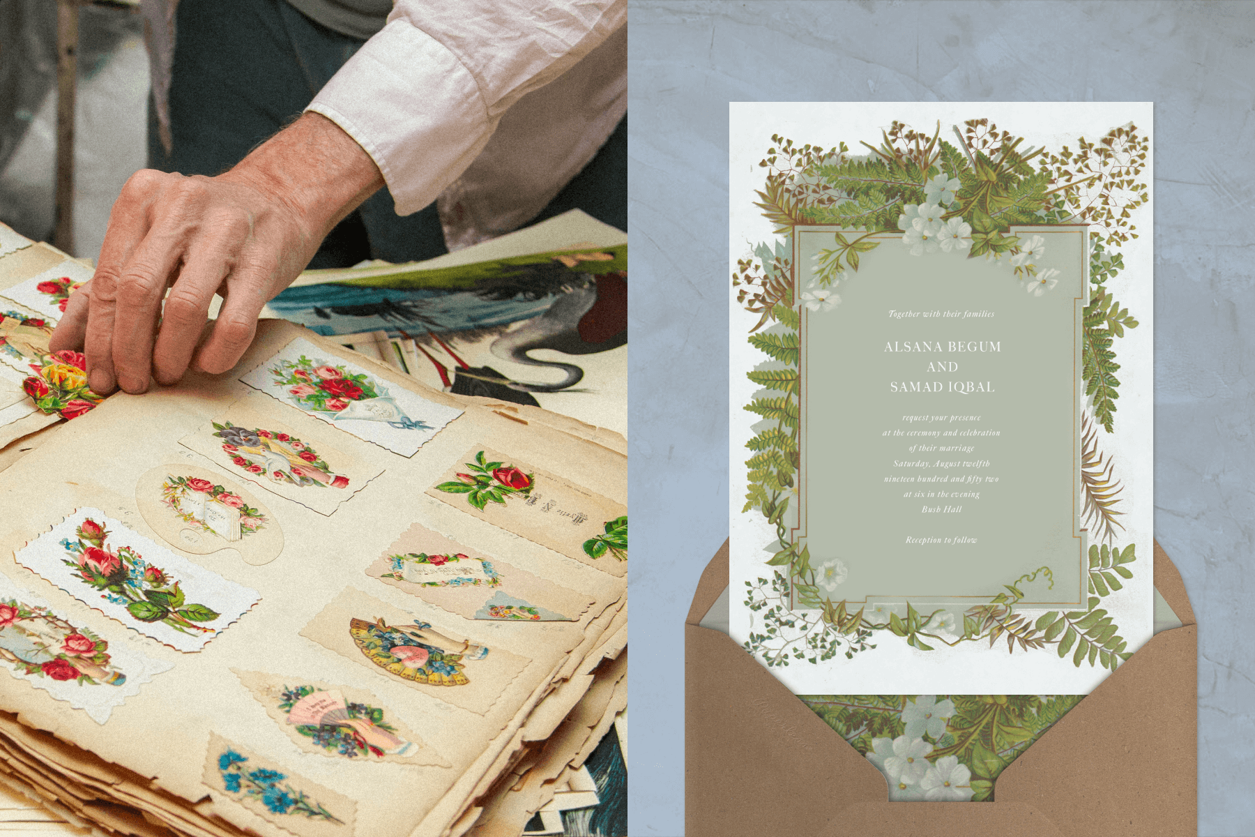 Left: Inside John Derian's studio, a book filled with antique love letter cards illustrated with floral designs. Right: A wedding invitation with a floral and fern-filled illustrated border, paired with a brown paper envelope lined with a similar floral design. 
