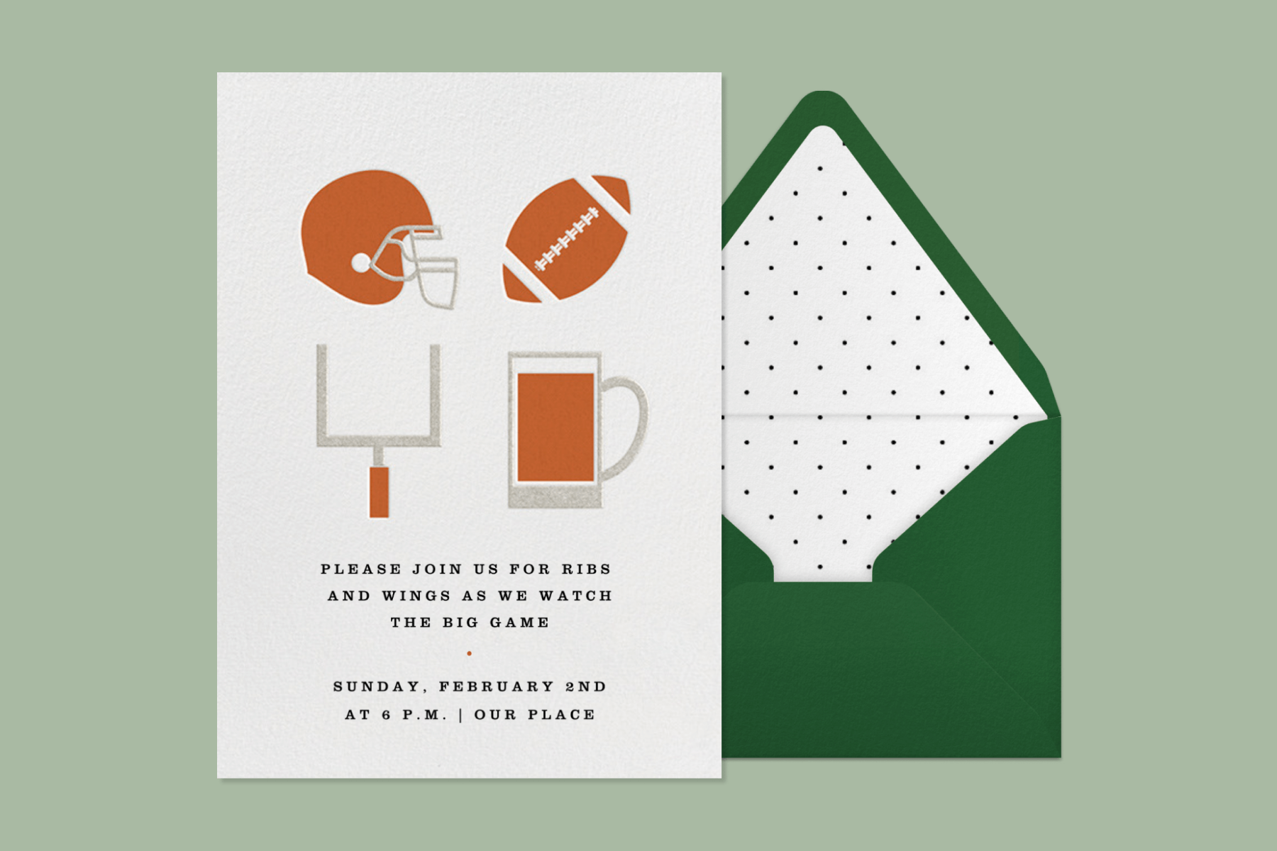 A party invitation with simplified illustrations of football paraphernalia and beer. 