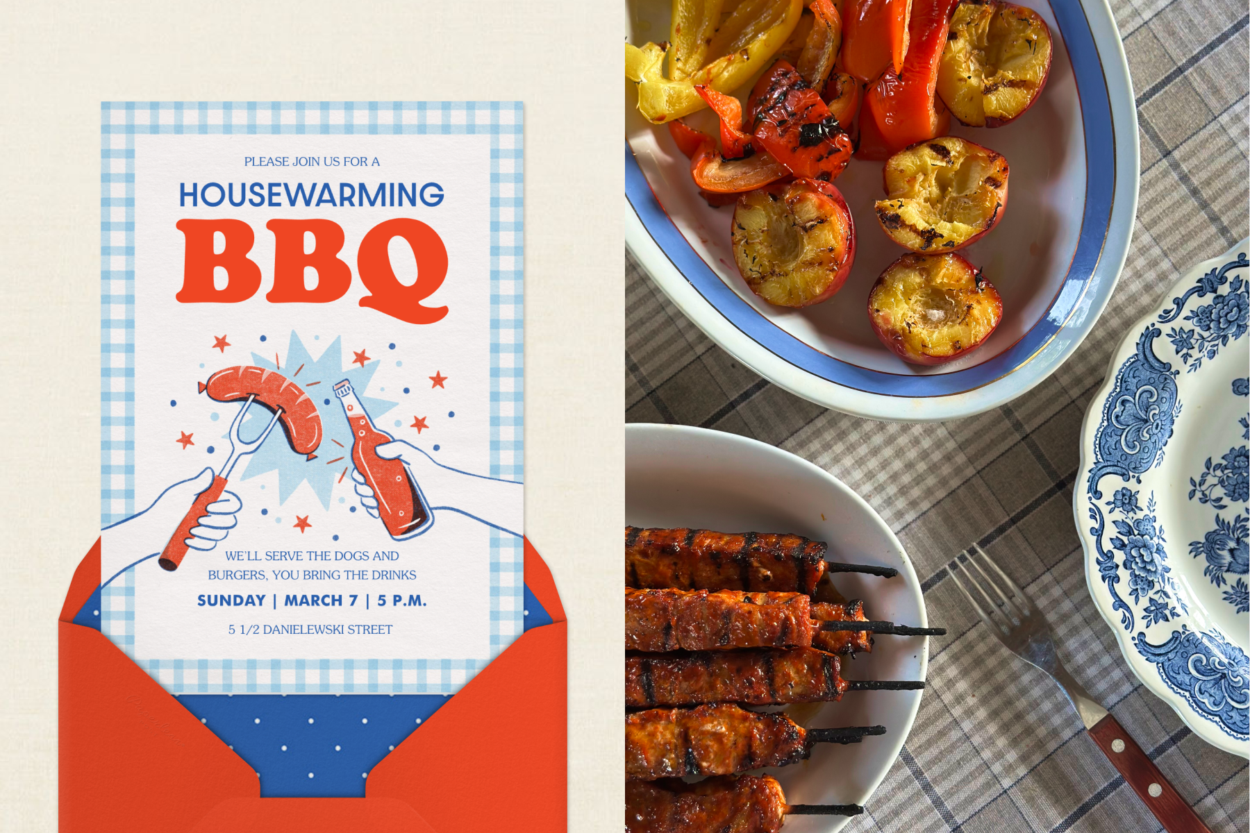  LEFT: A white housewarming barbecue invitation with blue checkered borders in a red envelope with blue lining with white dots. RIGHT: A table with plates, roasted vegetables, and skewered meat. 