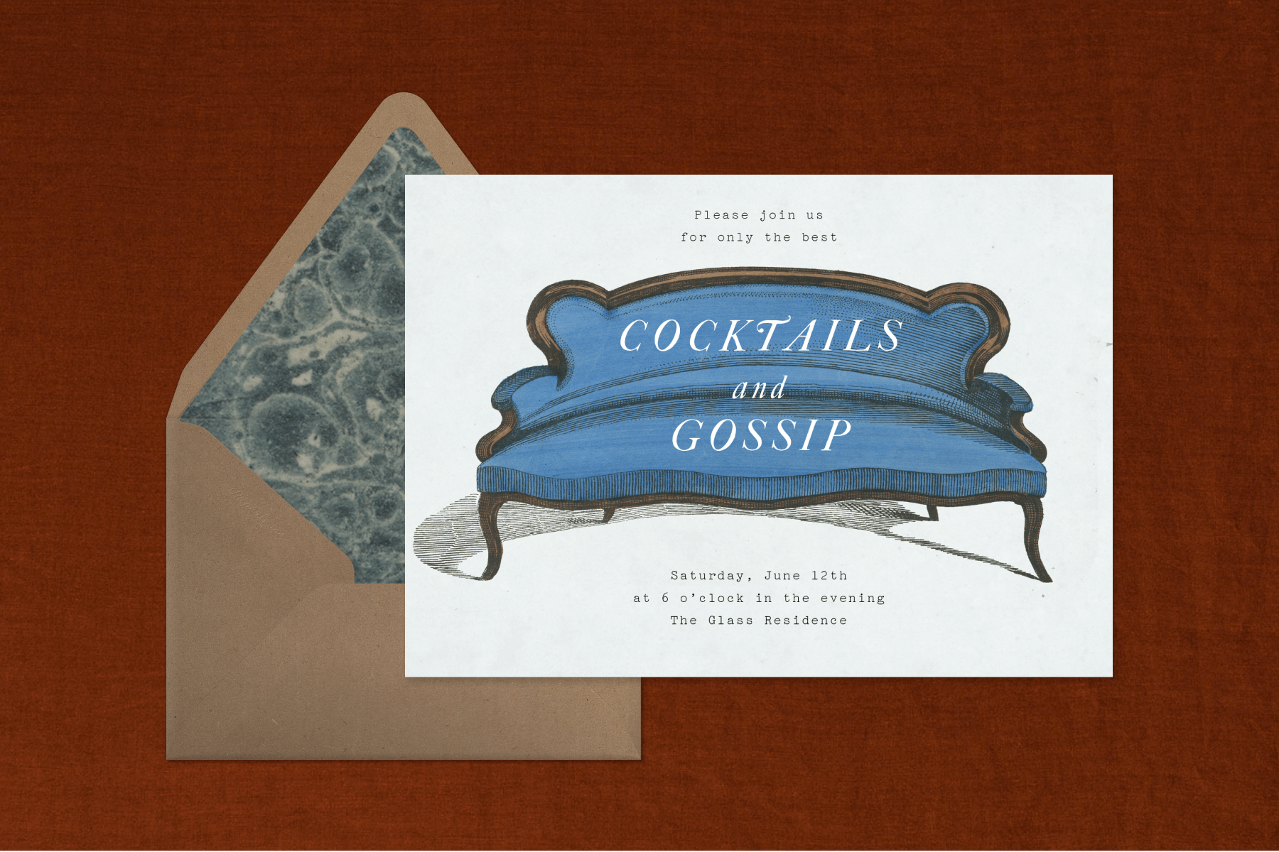 Dinner party invitation featuring an illustration of a blue sofa paired with a brown envelope with marbled blue lining. 