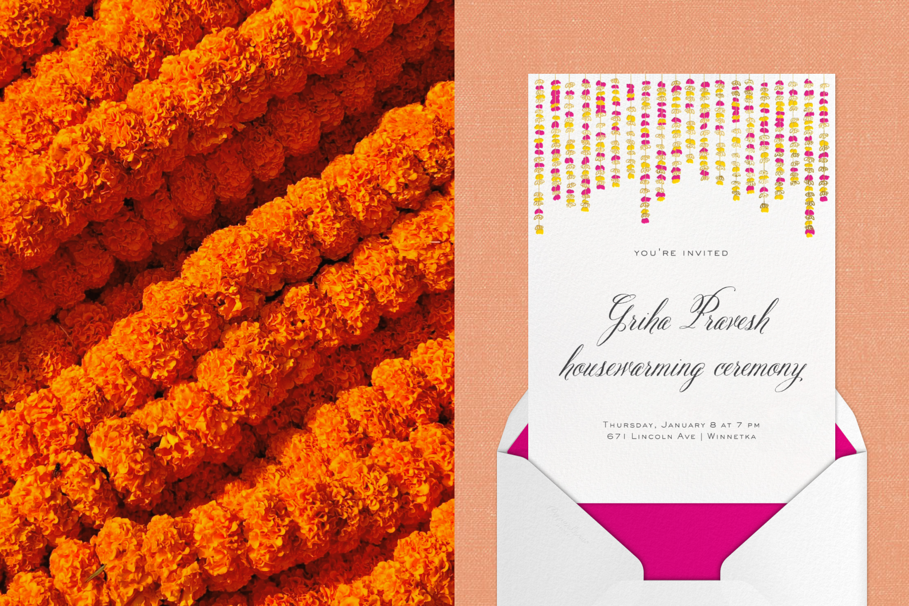 LEFT: Rows of orange marigolds. RIGHT: On an orange background, a white housewarming invitation with pink and yellow hanging flowers sits in a white envelope with pink lining. 